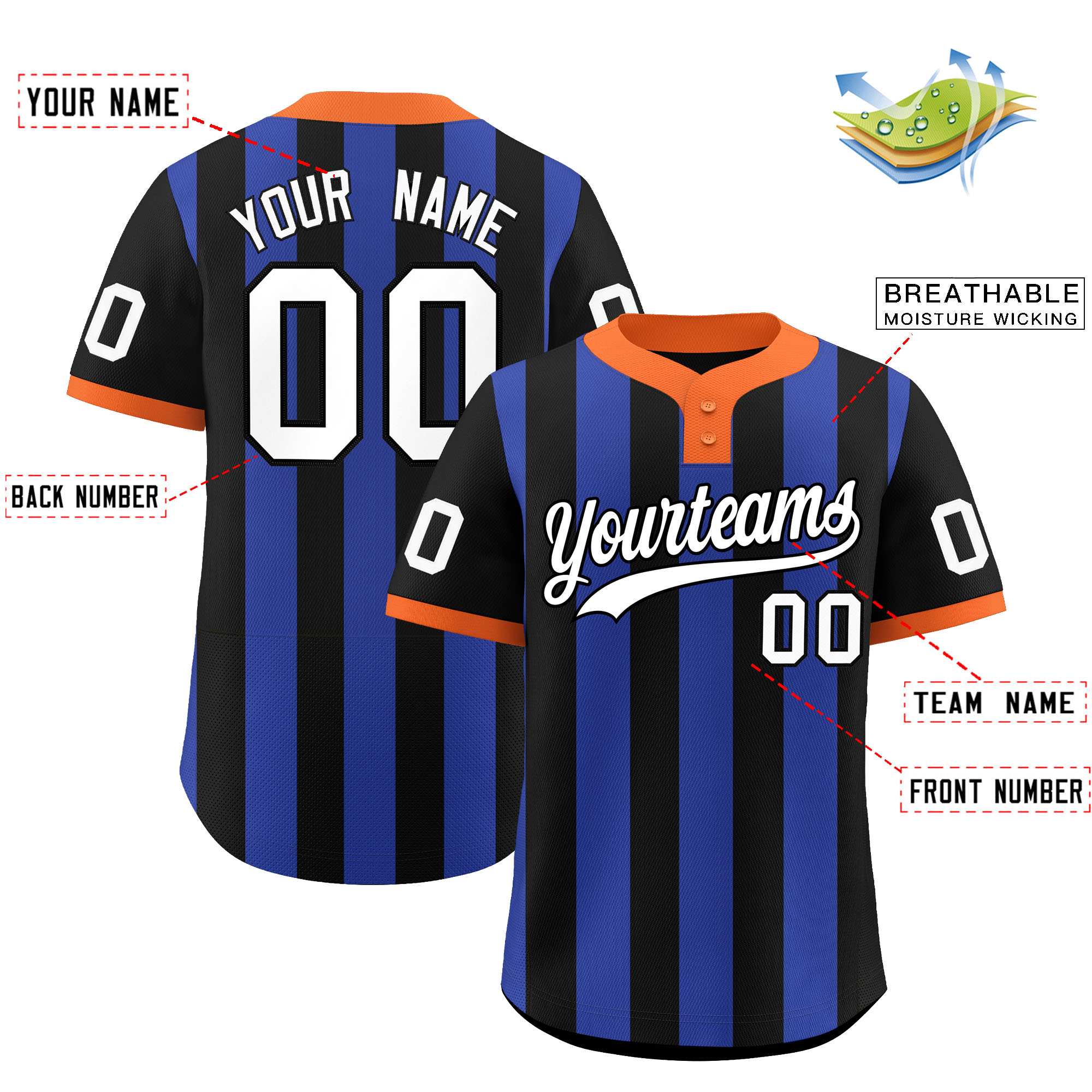 Custom Black Royal Stripe Fashion Authentic Two-Button Baseball Jersey| KXKSHOP
