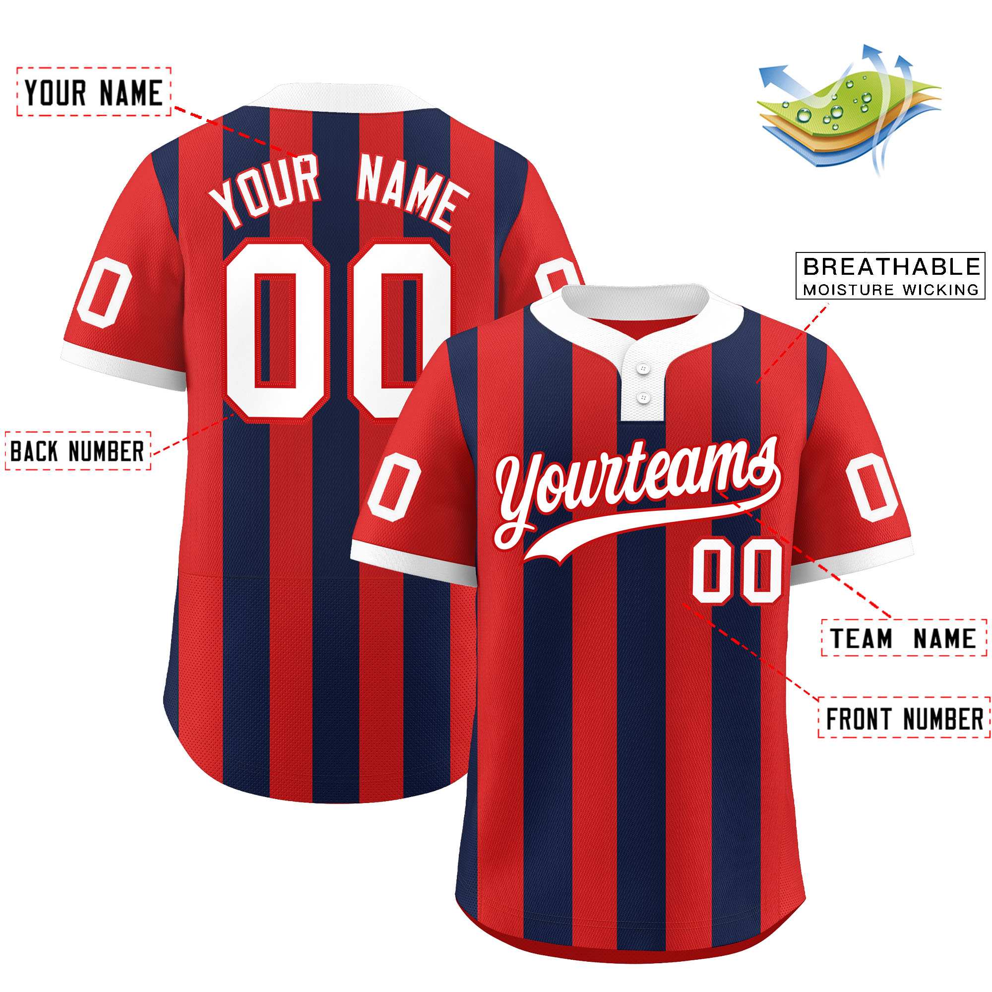 Custom Red Navy Stripe Fashion Authentic Two-Button Baseball Jersey| KXKSHOP