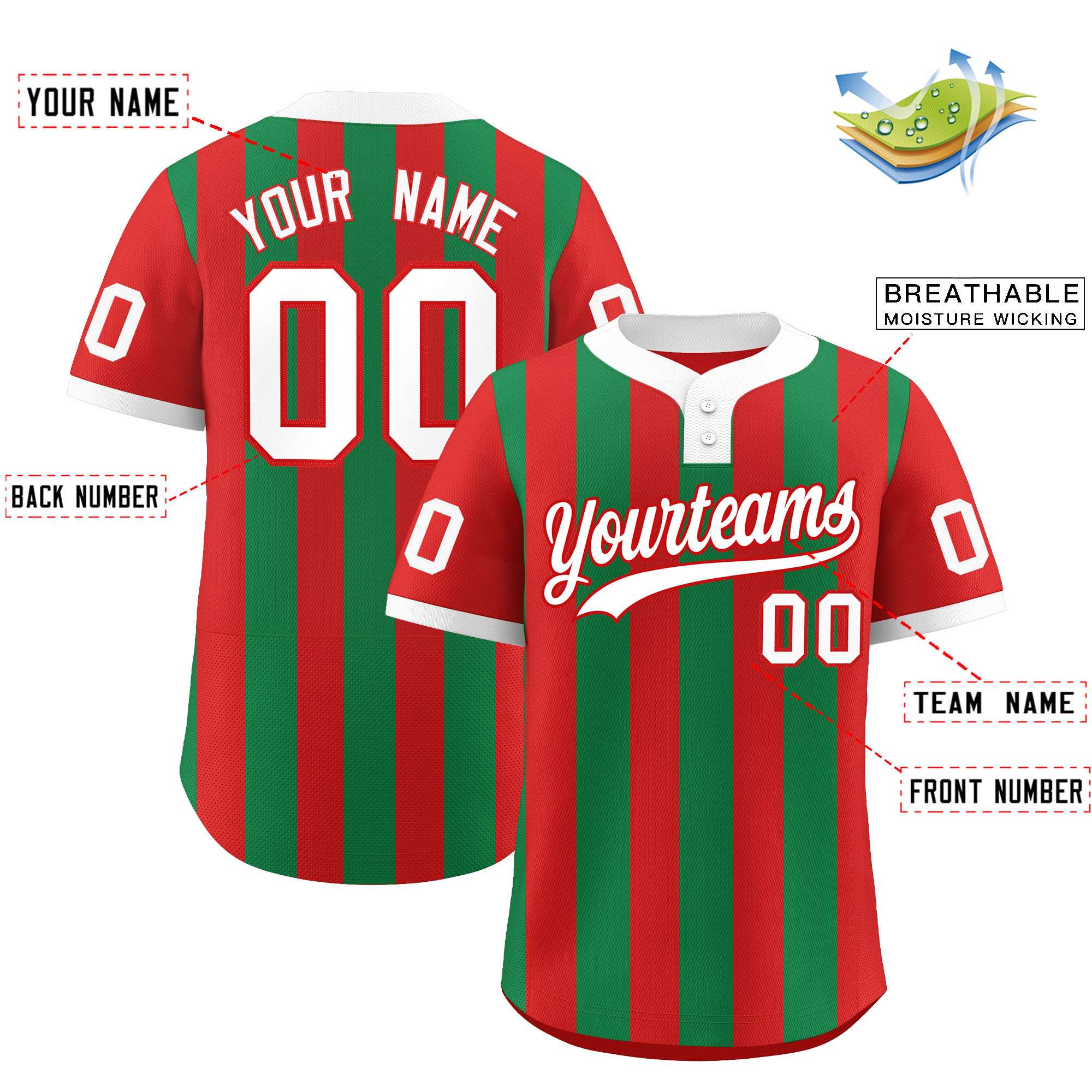 Custom Red Kelly Green Stripe Fashion Authentic Two-Button Baseball Jersey| KXKSHOP