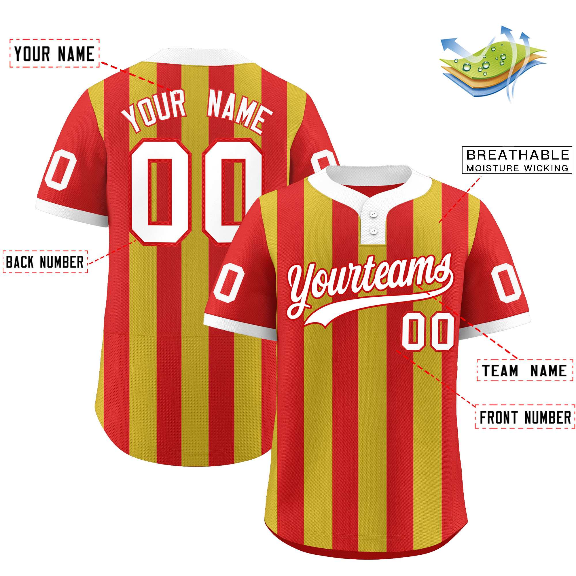 Custom Red Old Gold Stripe Fashion Authentic Two-Button Baseball Jersey| KXKSHOP