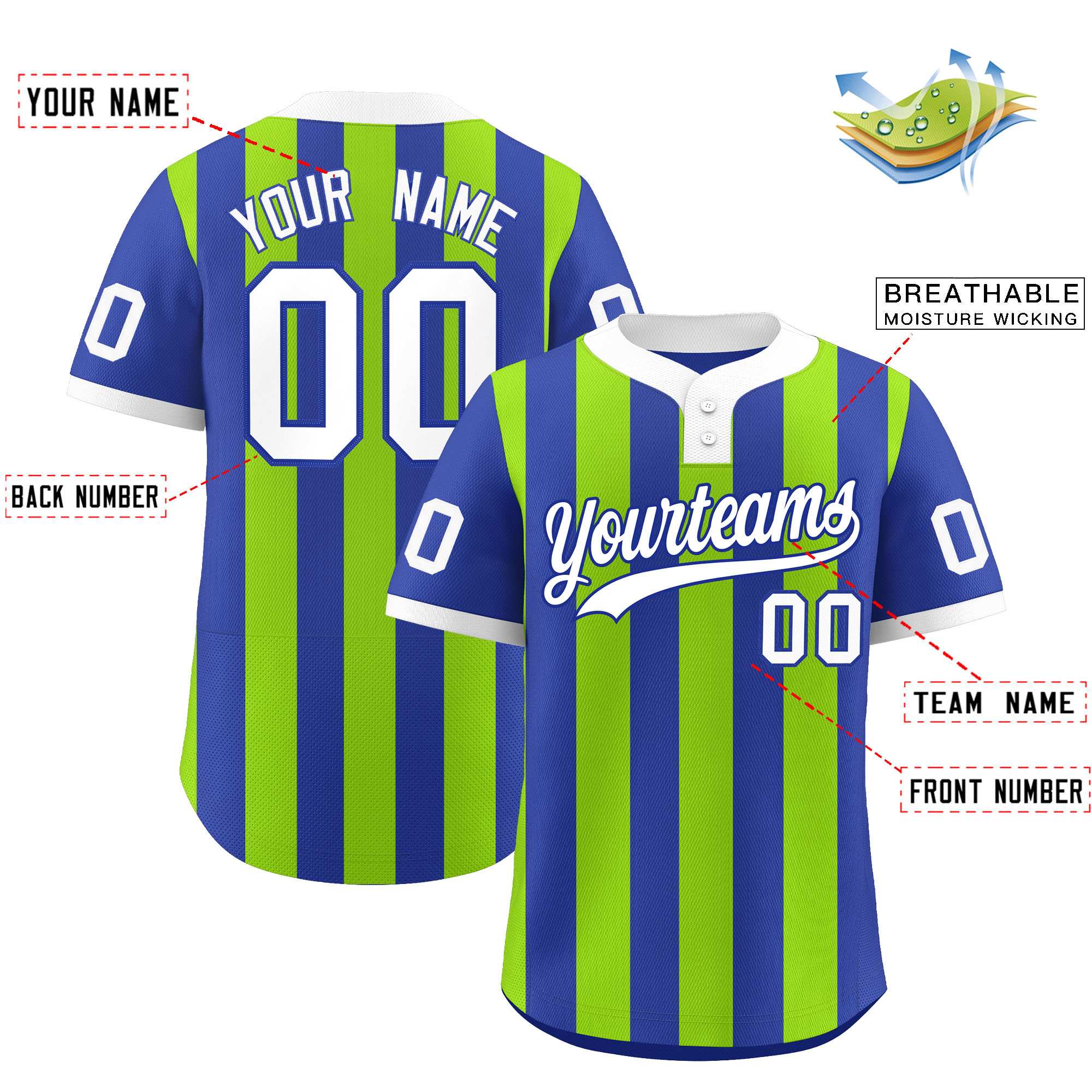 Custom Royal Neon Green Stripe Fashion Authentic Two-Button Baseball Jersey| KXKSHOP