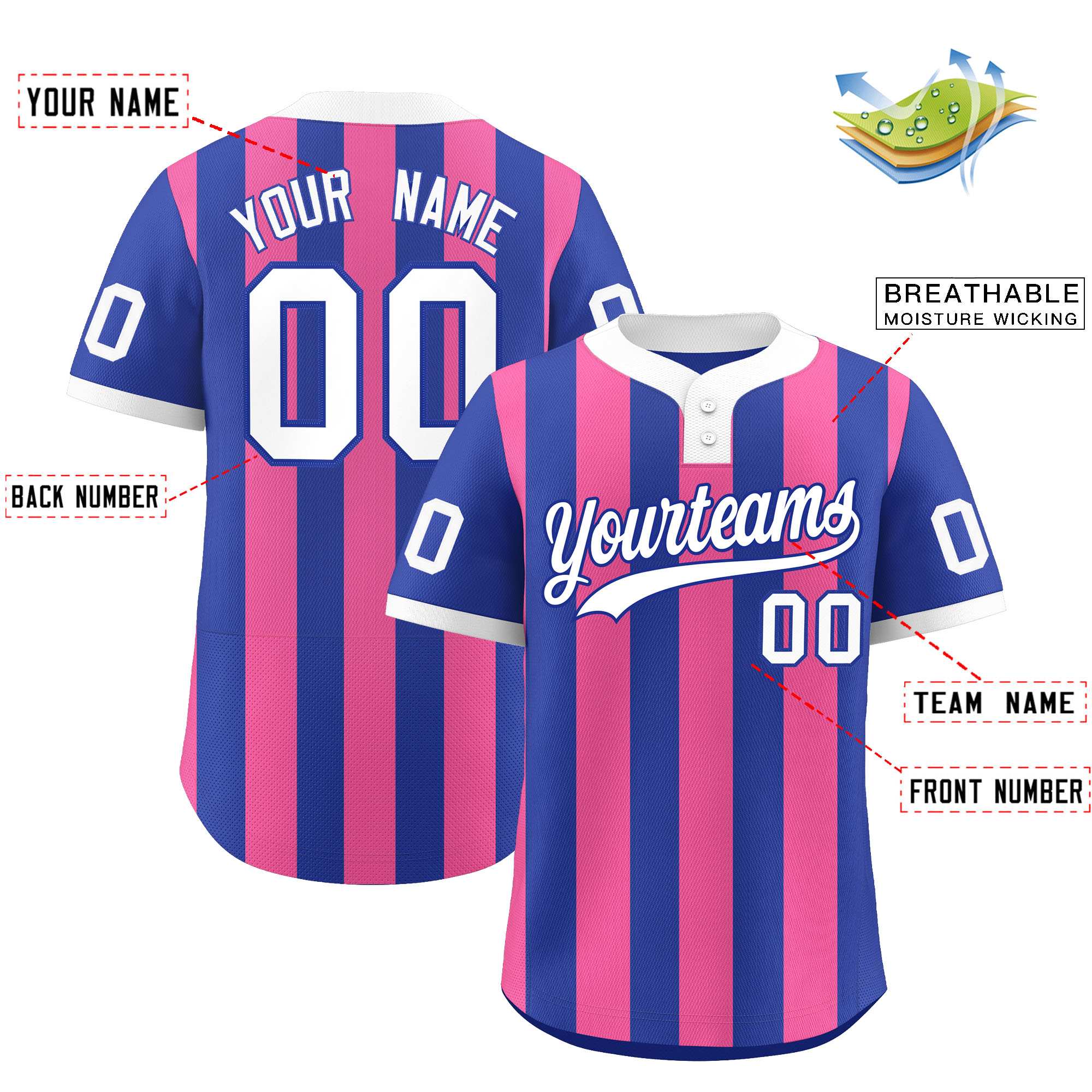 Custom Royal Pink Stripe Fashion Authentic Two-Button Baseball Jersey| KXKSHOP