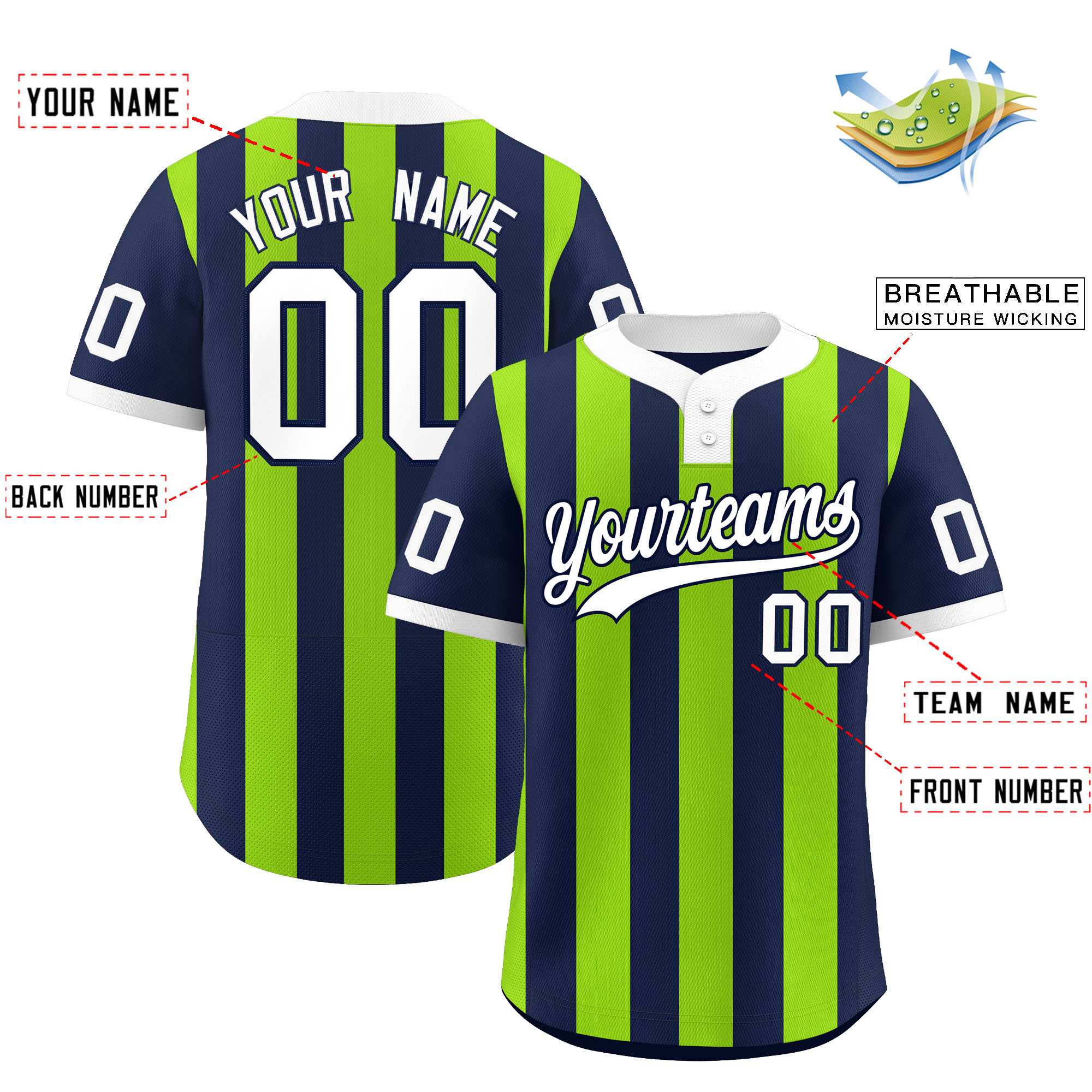 Custom Navy Neon Green Stripe Fashion Authentic Two-Button Baseball Jersey| KXKSHOP