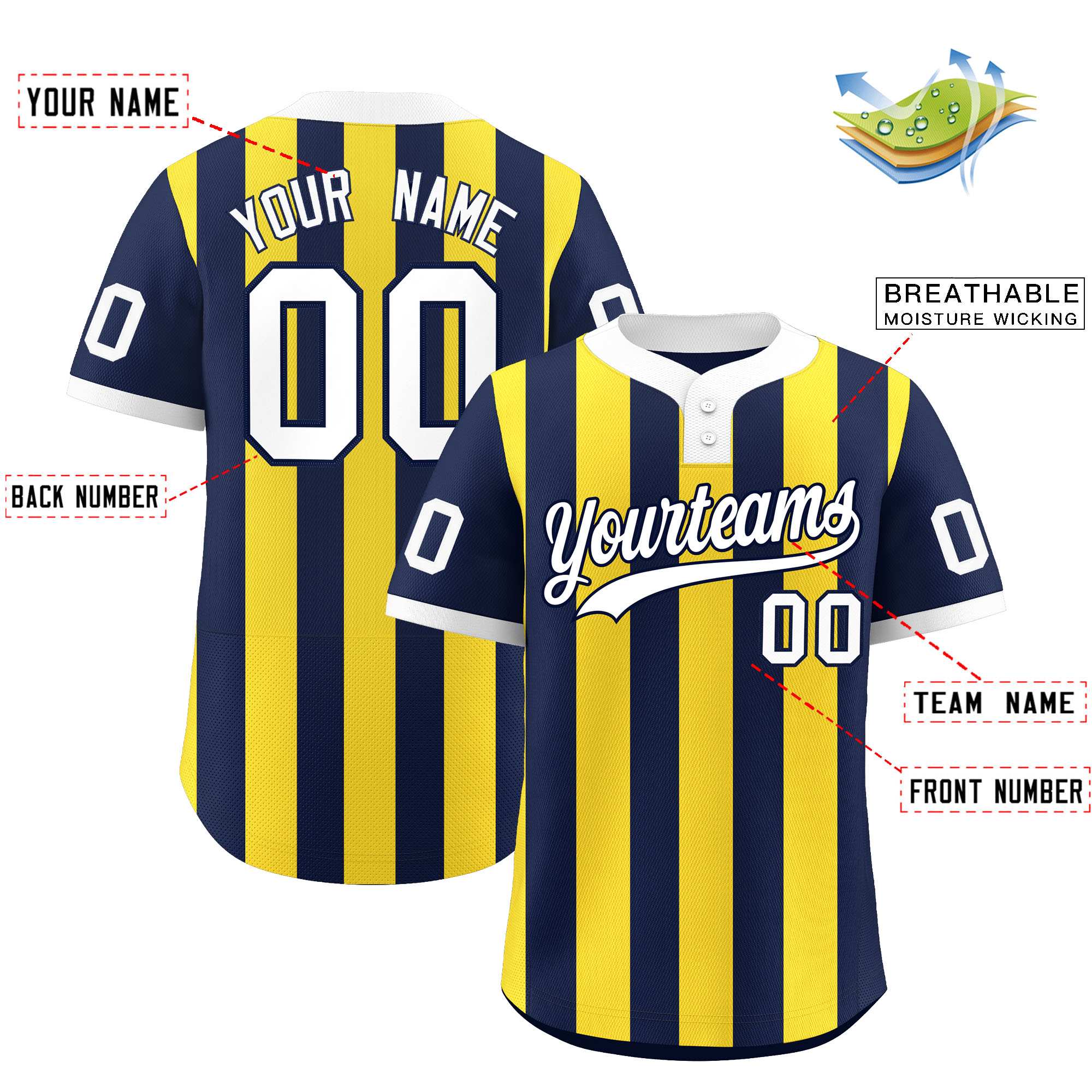 Custom Navy Gold Stripe Fashion Authentic Two-Button Baseball Jersey| KXKSHOP