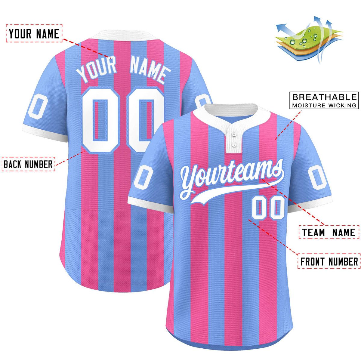 Custom Light Blue Pink Stripe Fashion Authentic Two-Button Softball Jersey