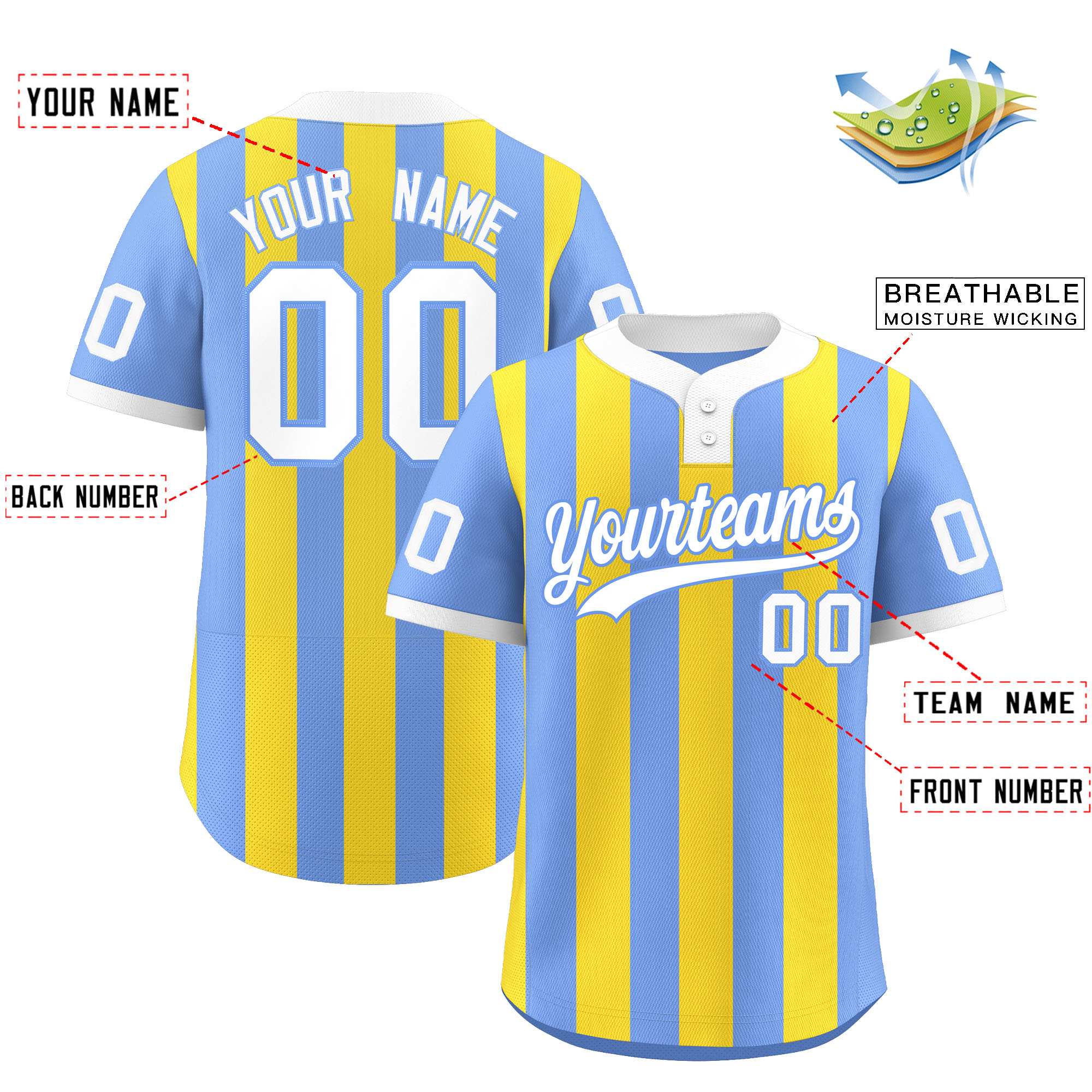Custom Light Blue Gold Stripe Fashion Authentic Two-Button Baseball Jersey| KXKSHOP