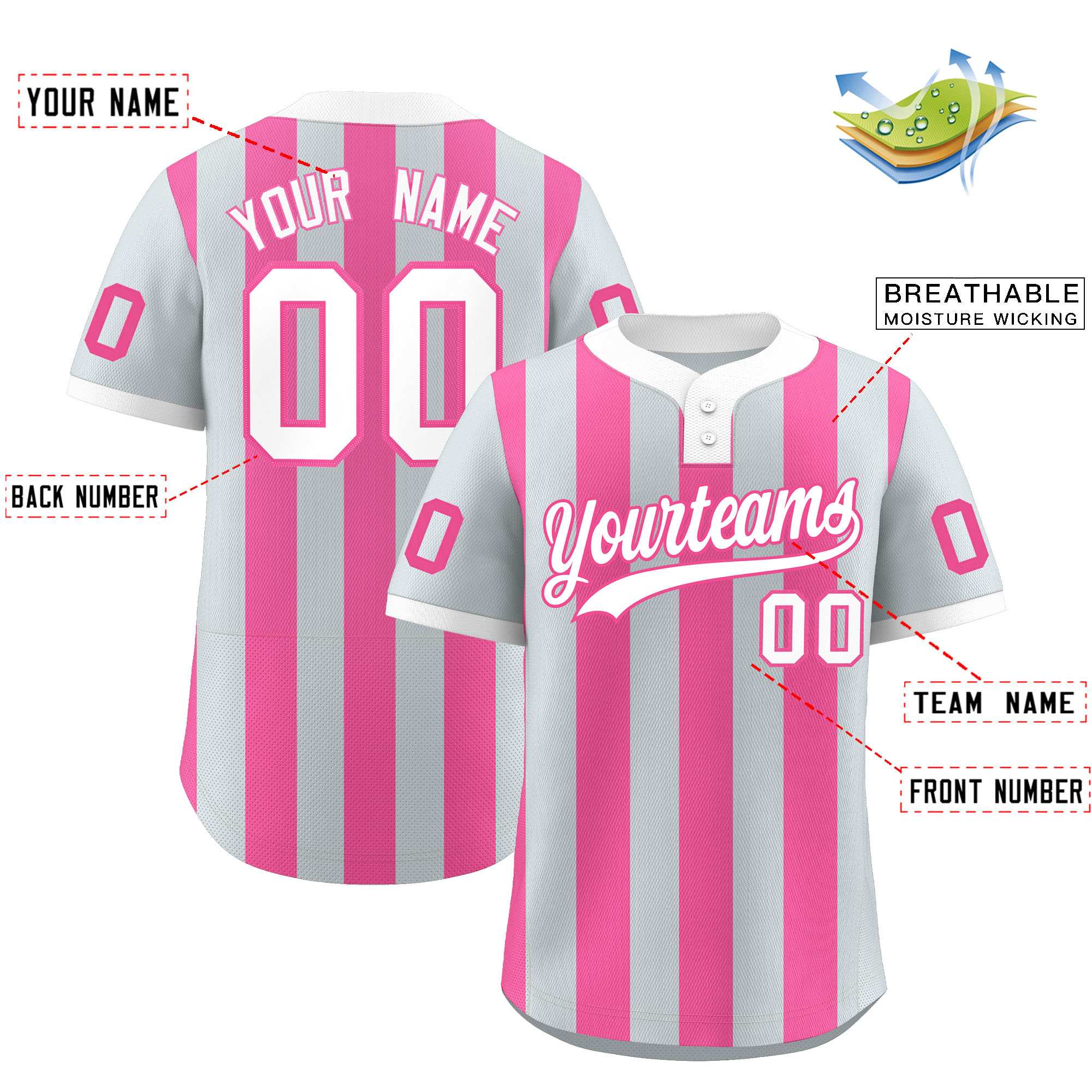 Custom Silver Pink Stripe Fashion Authentic Two-Button Baseball Jersey| KXKSHOP