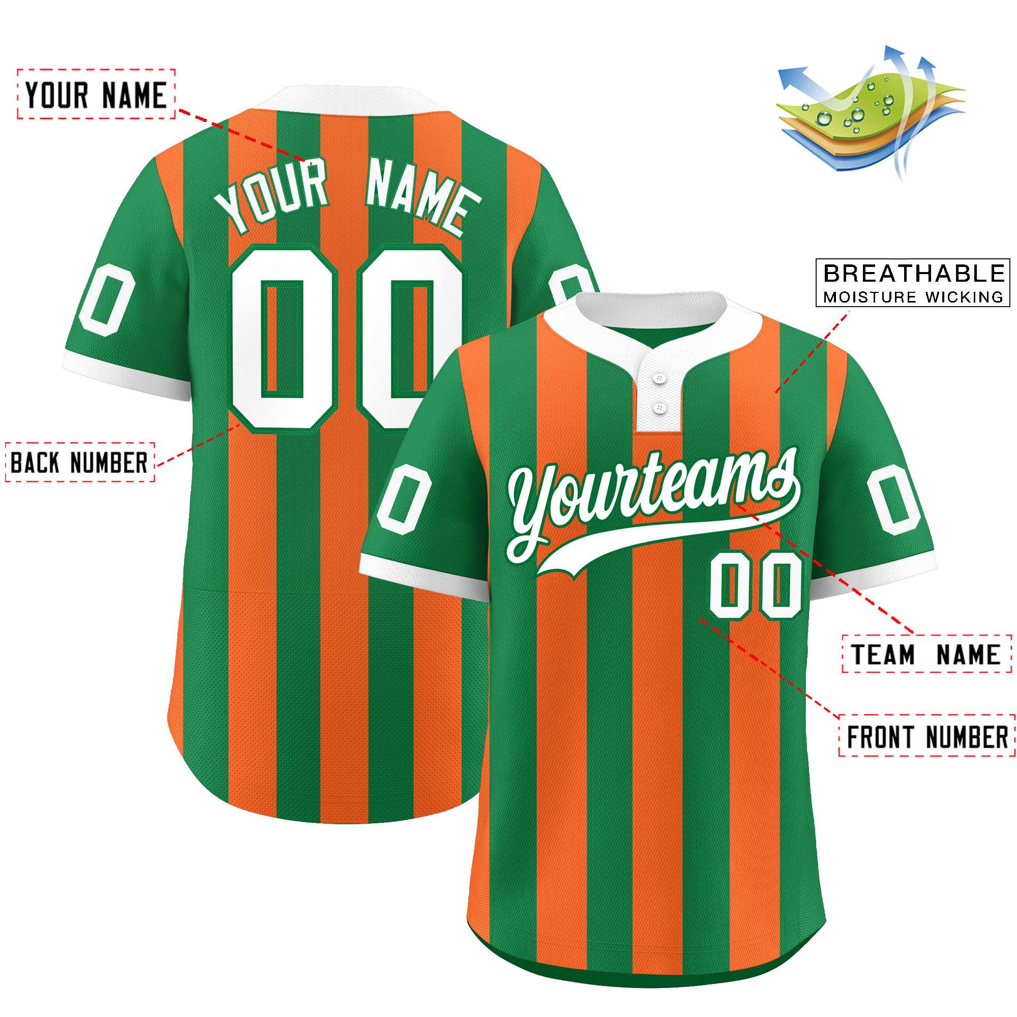 Custom Kelly Green Orange Stripe Fashion Authentic Two-Button Baseball Jersey| KXKSHOP