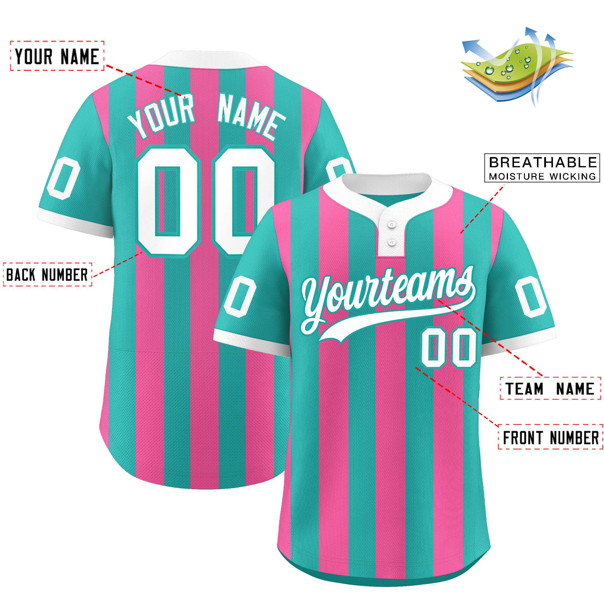 Custom Aqua Pink Stripe Fashion Authentic Two-Button Baseball Jersey| KXKSHOP