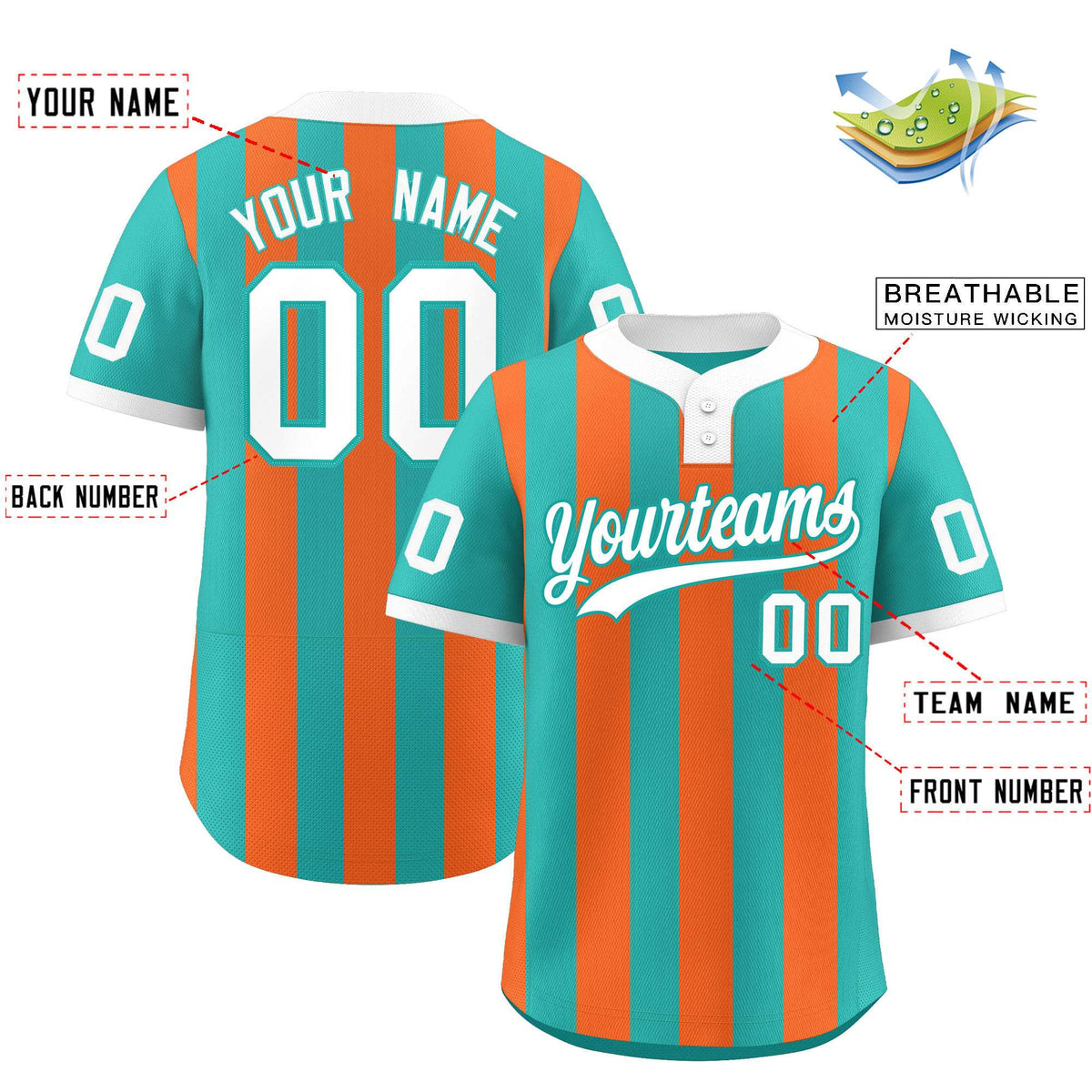 Custom Aqua Orange Stripe Fashion Authentic Two-Button Softball Jersey