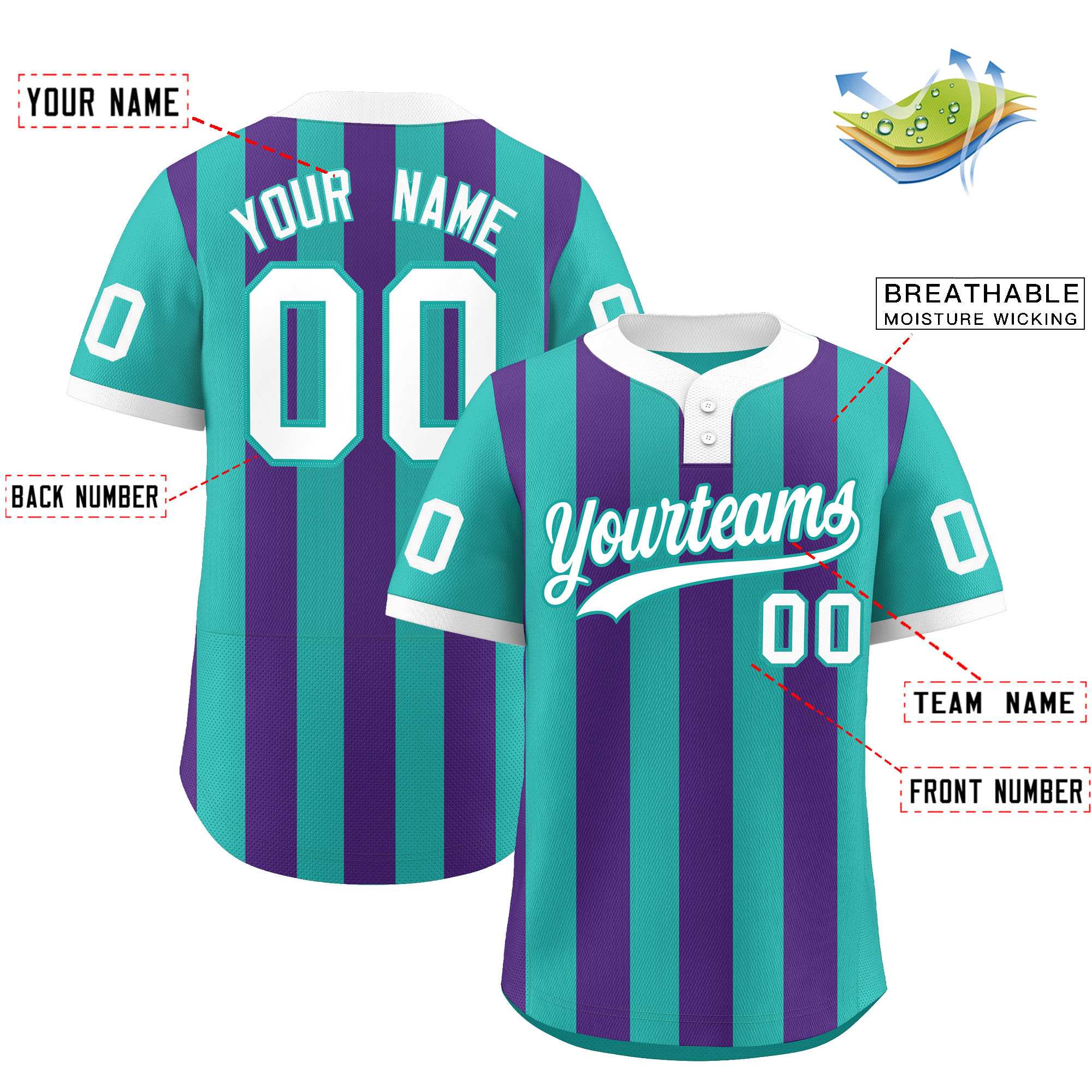 Custom Aqua Purple Stripe Fashion Authentic Two-Button Baseball Jersey| KXKSHOP