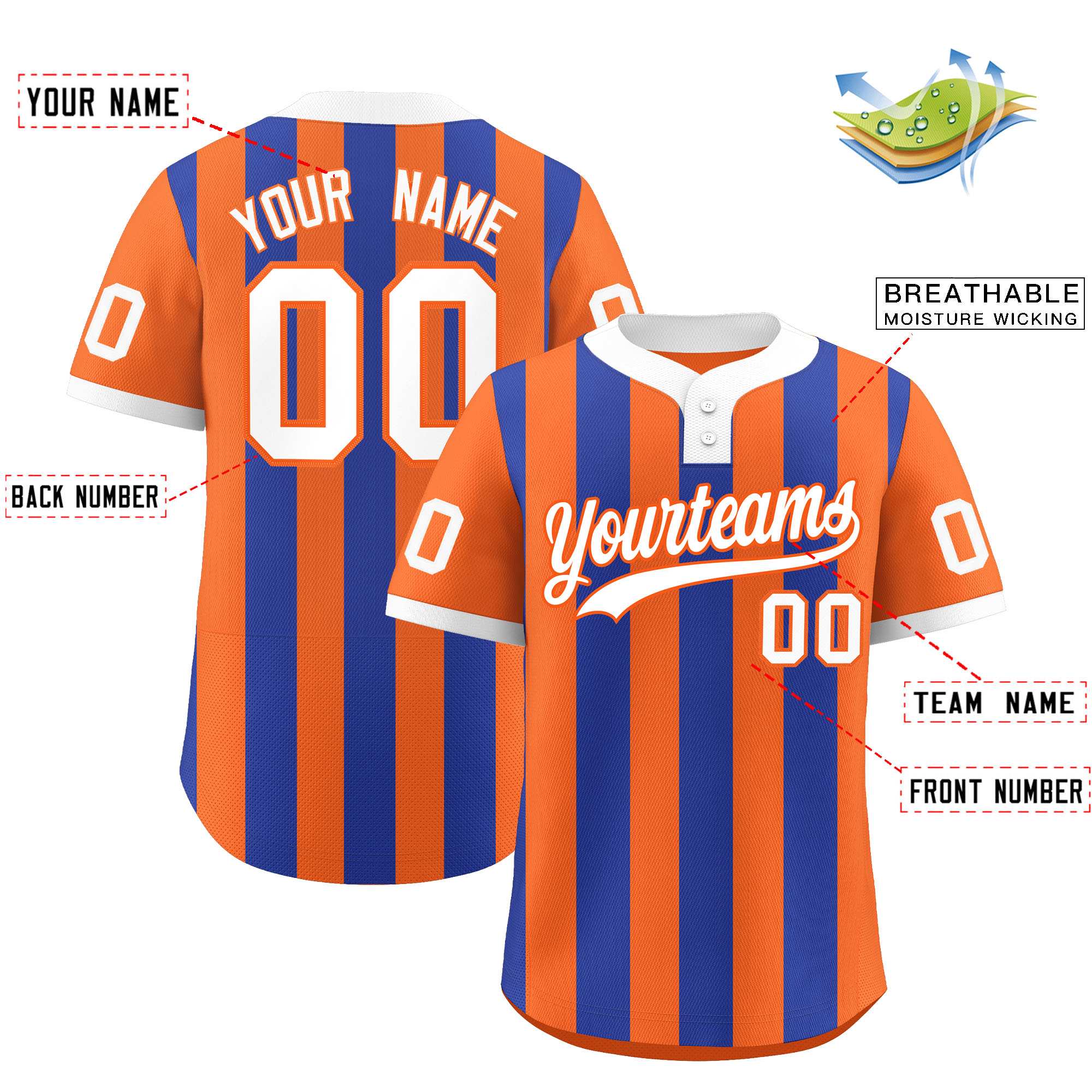 Custom Orange Royal Stripe Fashion Authentic Two-Button Baseball Jersey| KXKSHOP