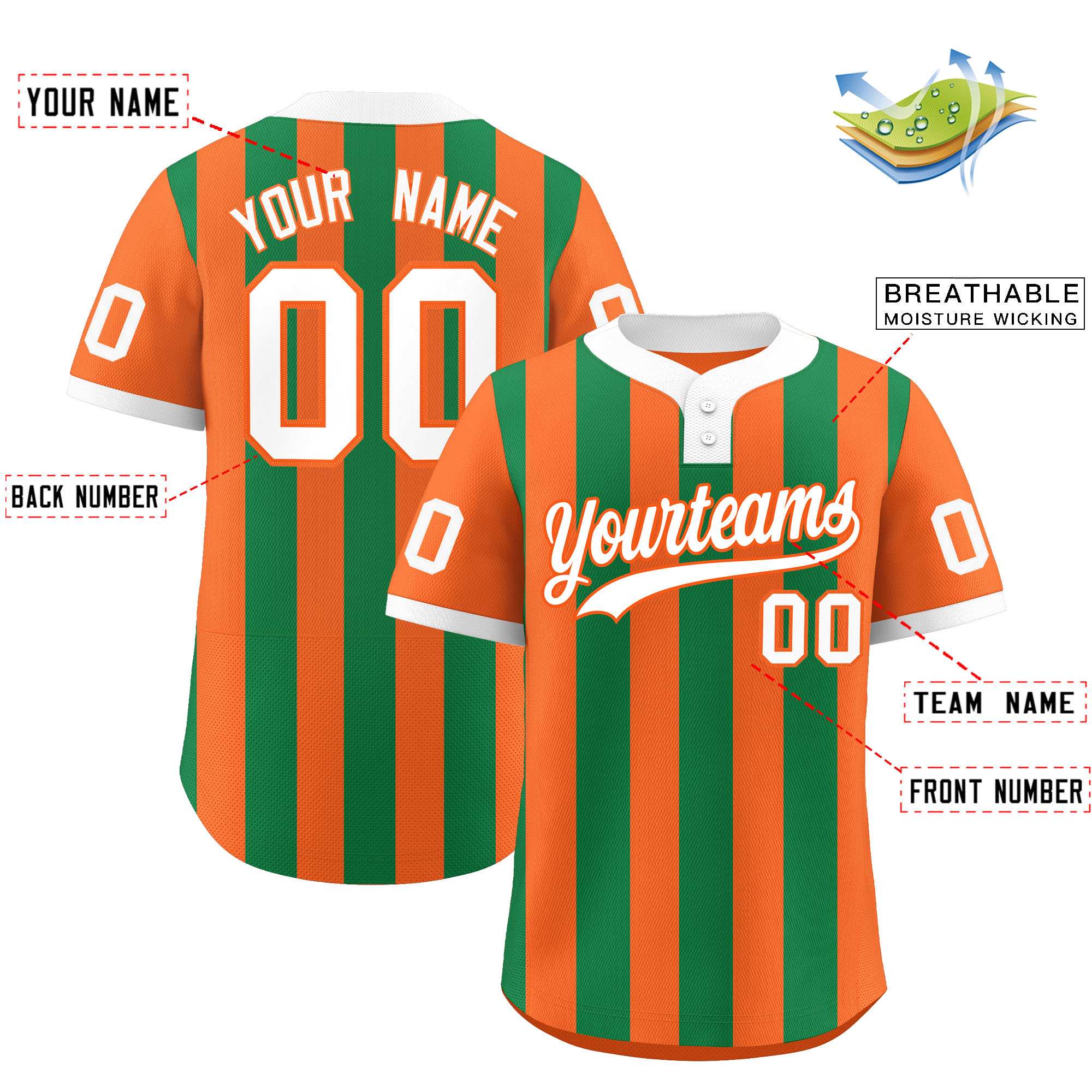Custom Orange Kelly Green Stripe Fashion Authentic Two-Button Baseball Jersey| KXKSHOP