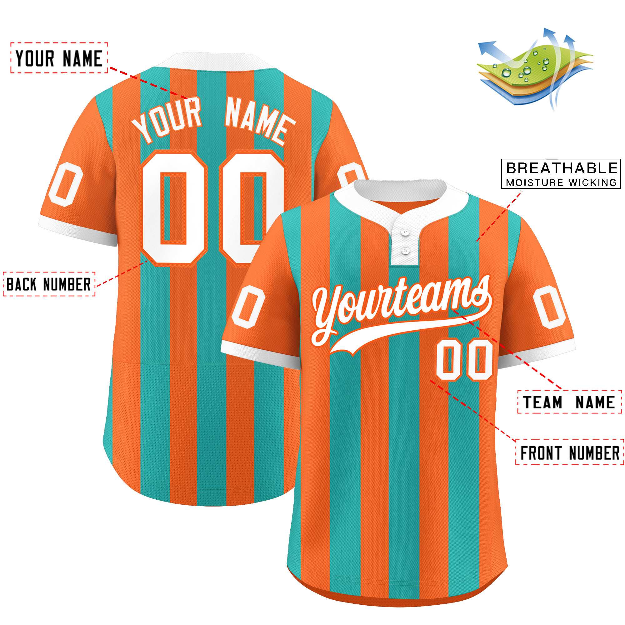 Custom Orange Aqua Stripe Fashion Authentic Two-Button Softball Jersey