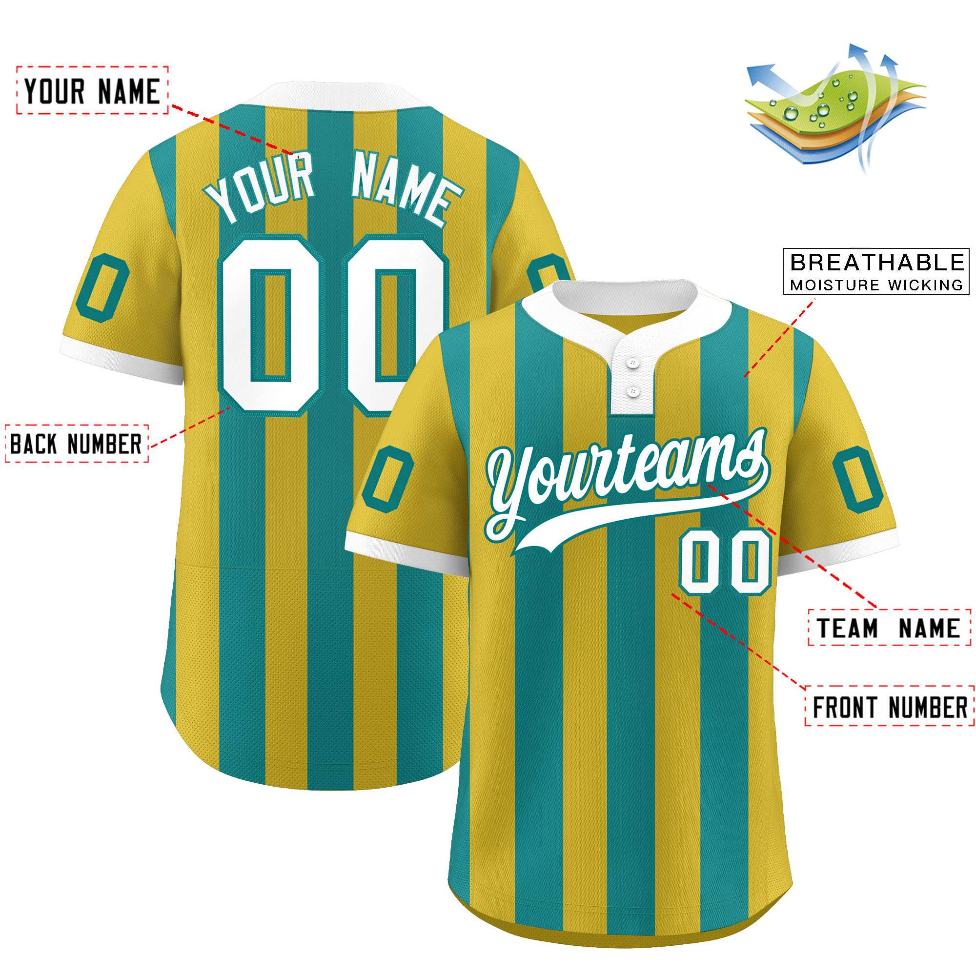 Custom Old Gold Aqua Stripe Fashion Authentic Two-Button Baseball Jersey| KXKSHOP