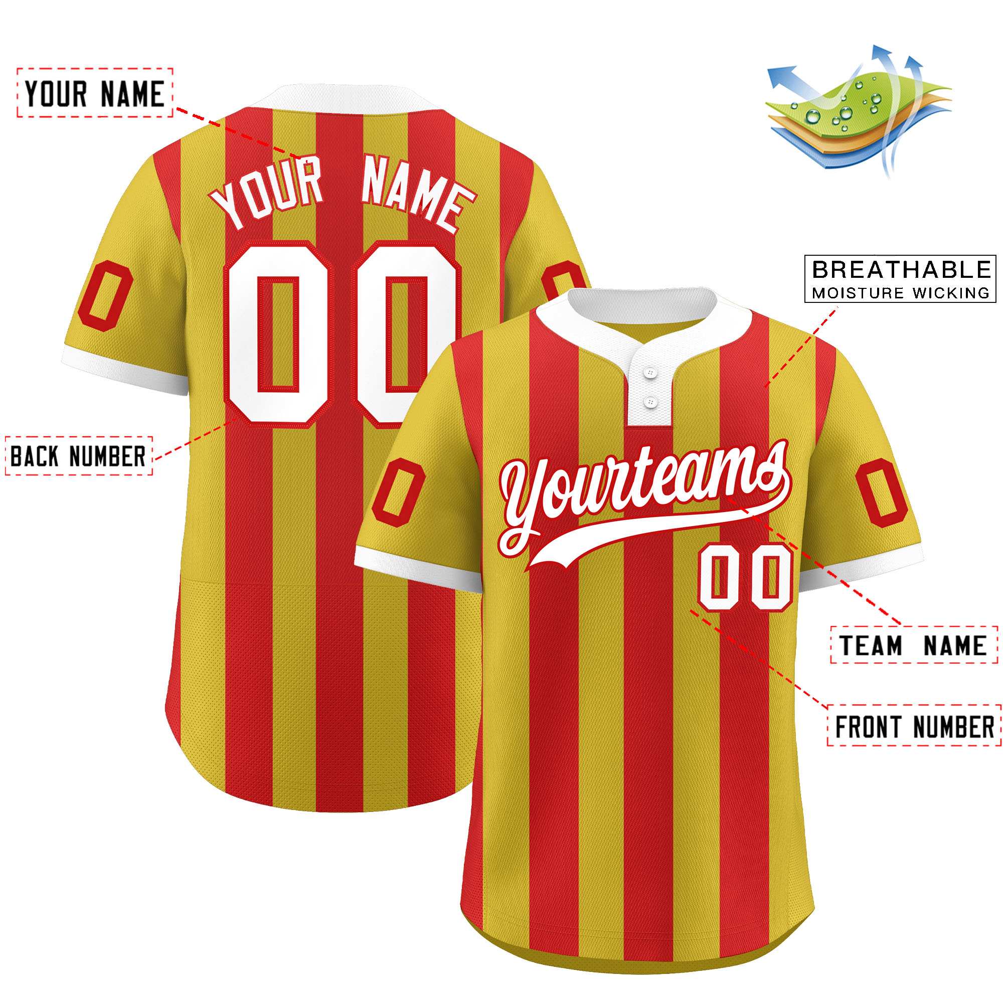 Custom Old Gold Red Stripe Fashion Authentic Two-Button Baseball Jersey| KXKSHOP