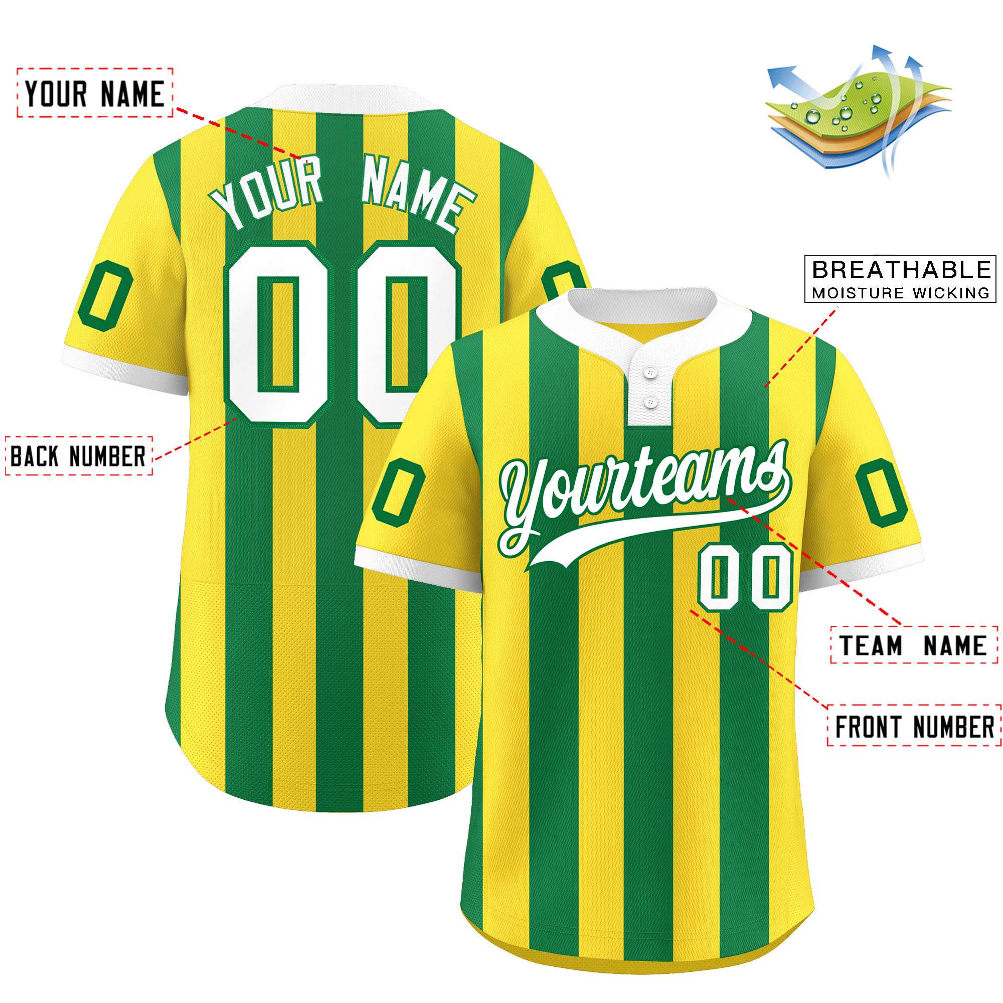 Custom Gold Kelly Green Stripe Fashion Authentic Two-Button Softball Jersey