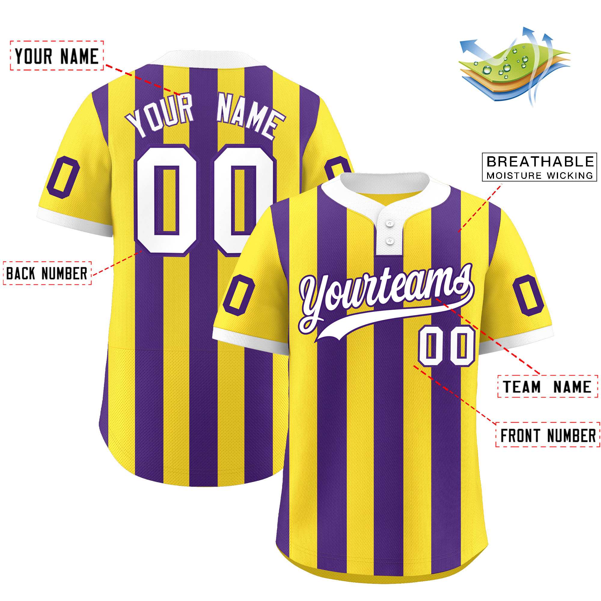 Custom Gold Purple Stripe Fashion Authentic Two-Button Baseball Jersey| KXKSHOP