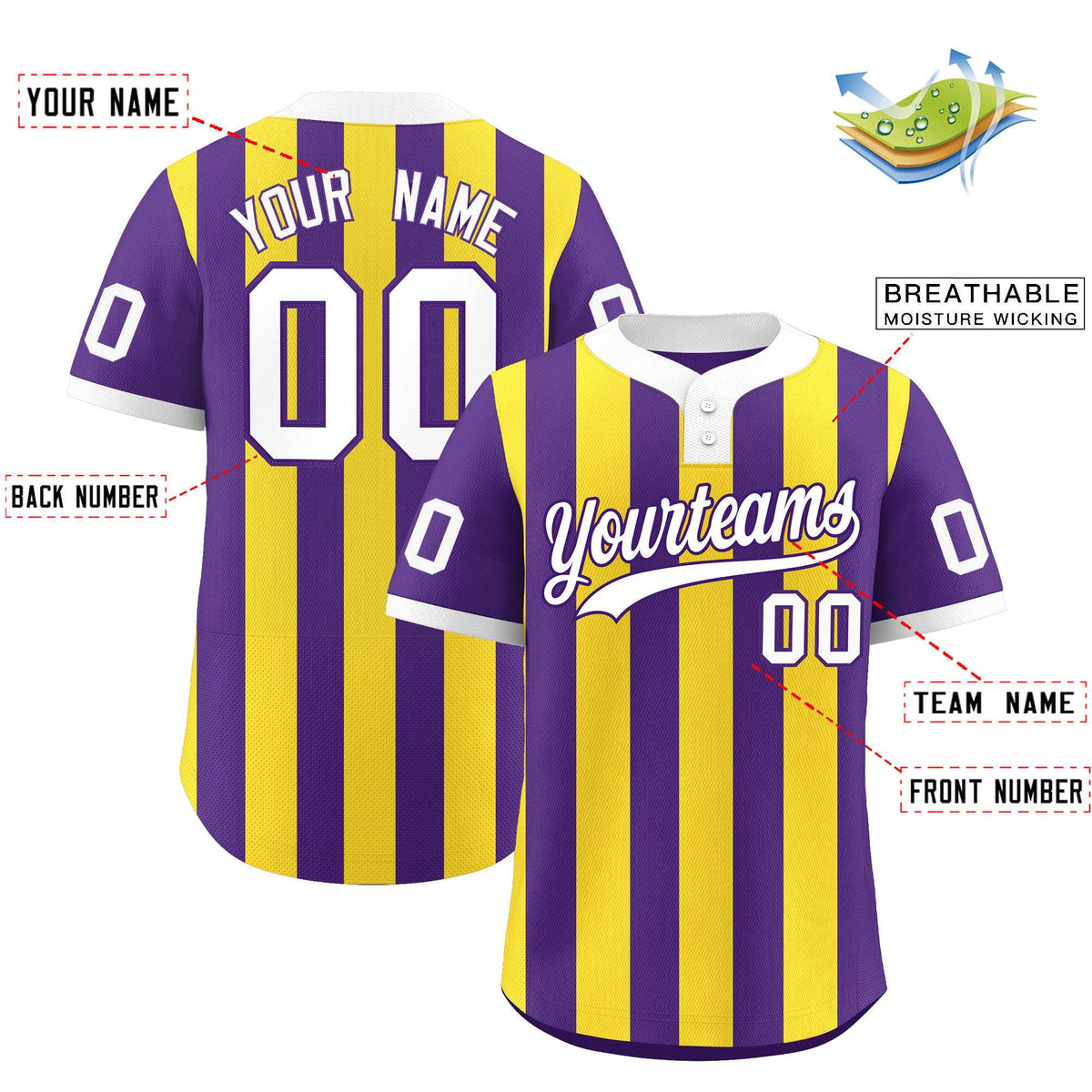 Custom Purple Gold Stripe Fashion Authentic Two-Button Softball Jersey