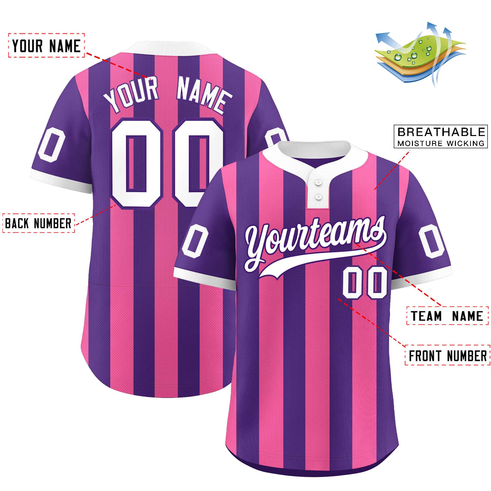 Custom Purple Pink Stripe Fashion Authentic Two-Button Baseball Jersey| KXKSHOP