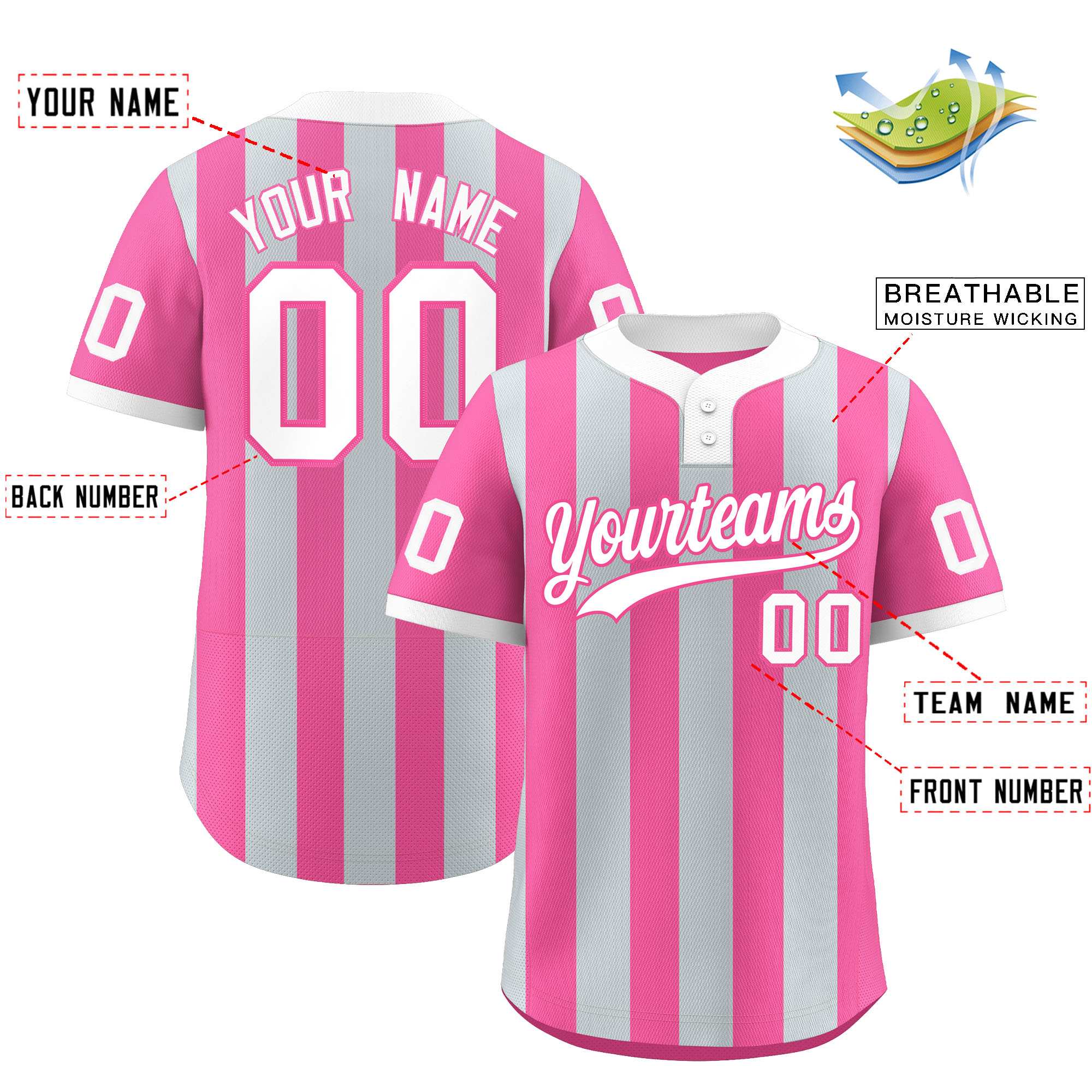 Custom Silver Pink Stripe Fashion Authentic Two-Button Softball Jersey