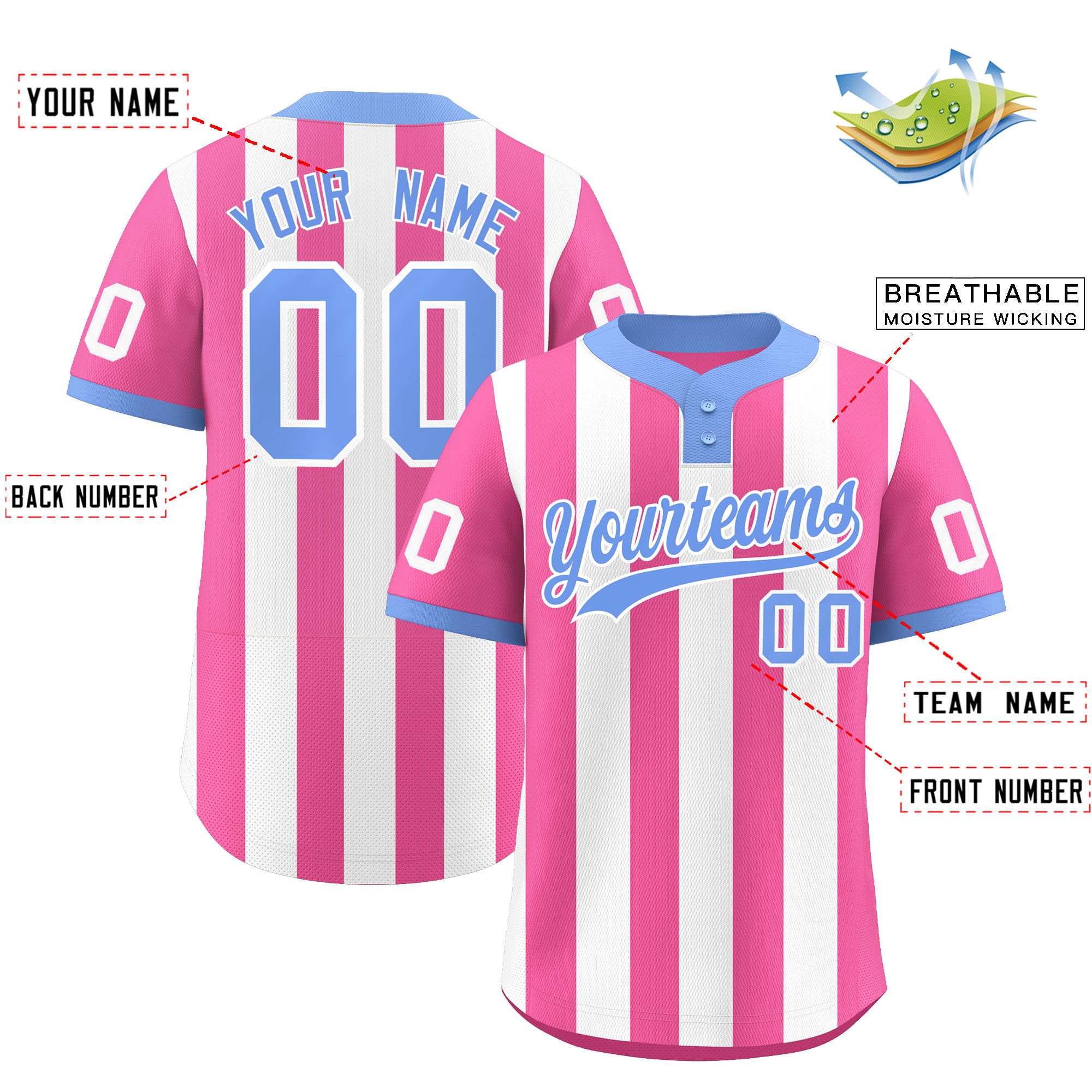 Custom Pink White Stripe Fashion Authentic Two-Button Softball Jersey