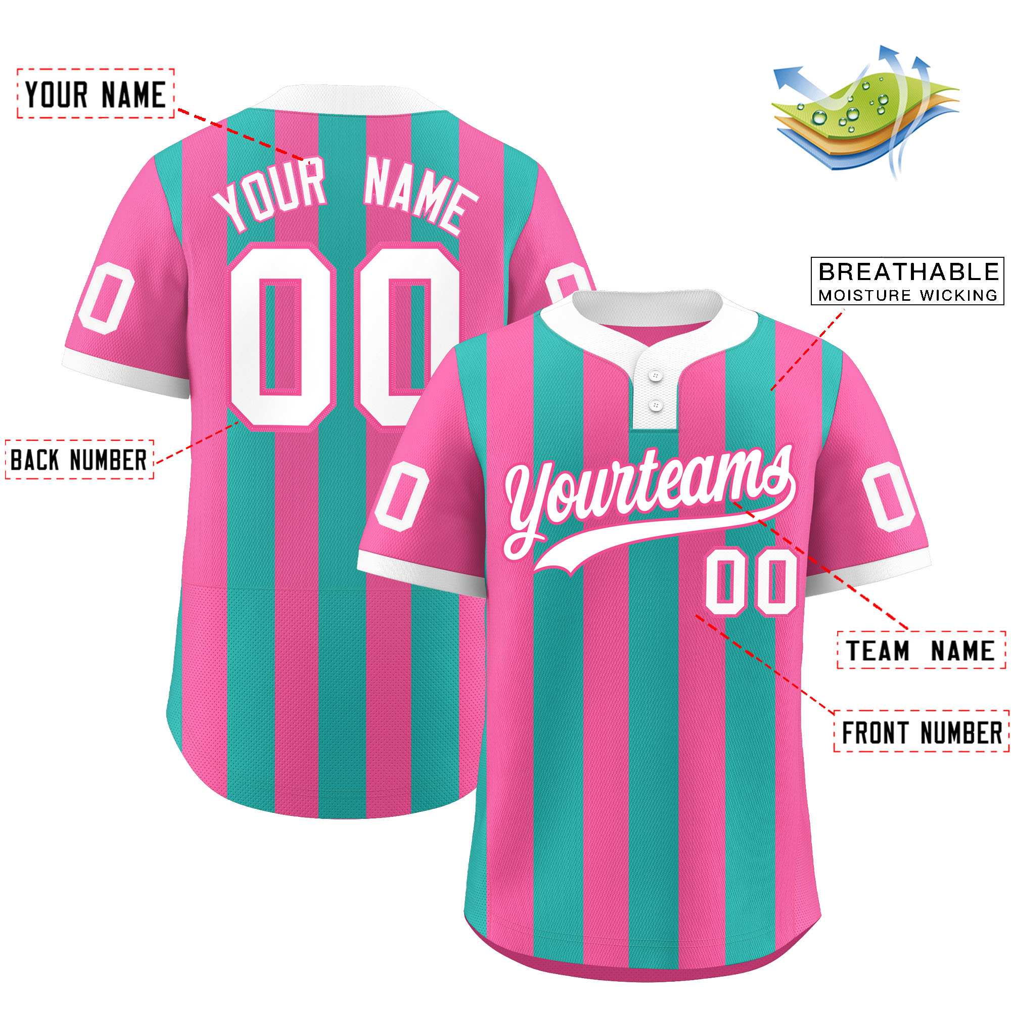Custom Pink Aqua Stripe Fashion Authentic Two-Button Baseball Jersey| KXKSHOP