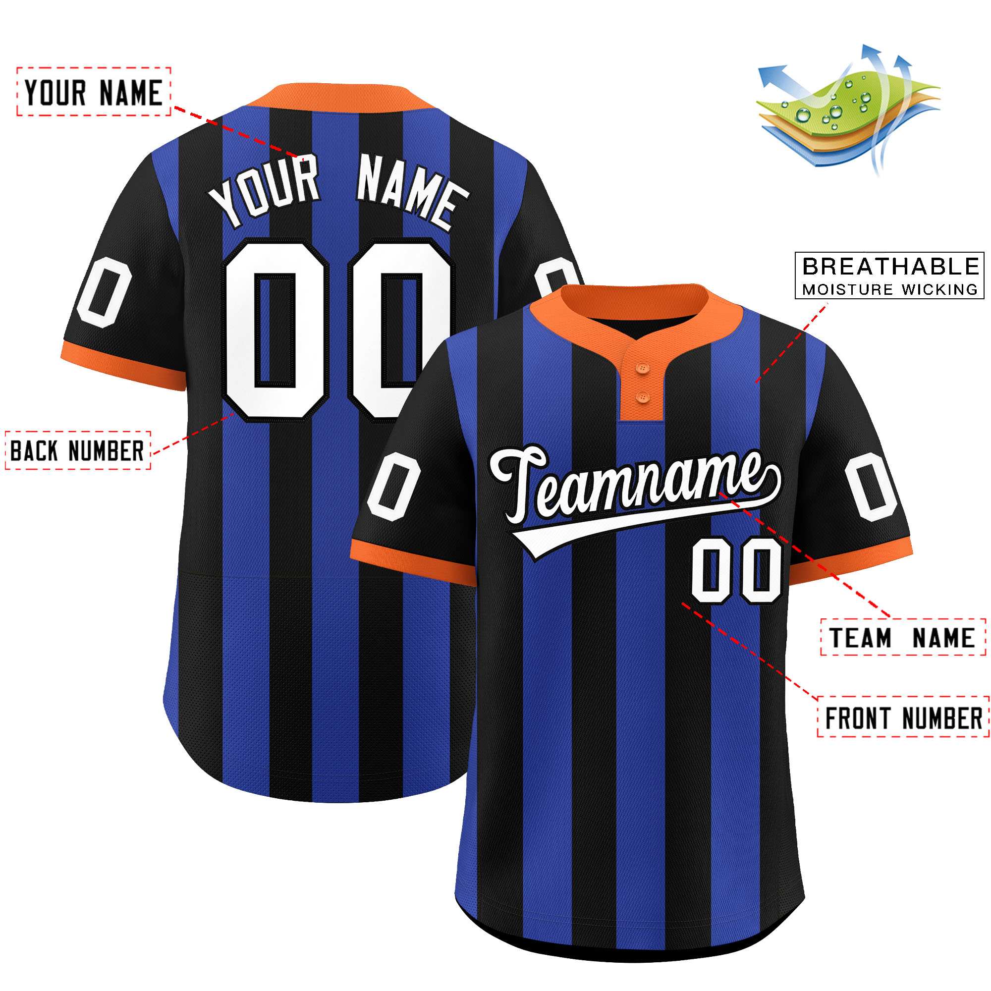 Custom Black Royal Stripe Fashion Authentic Two-Button Baseball Jersey| KXKSHOP
