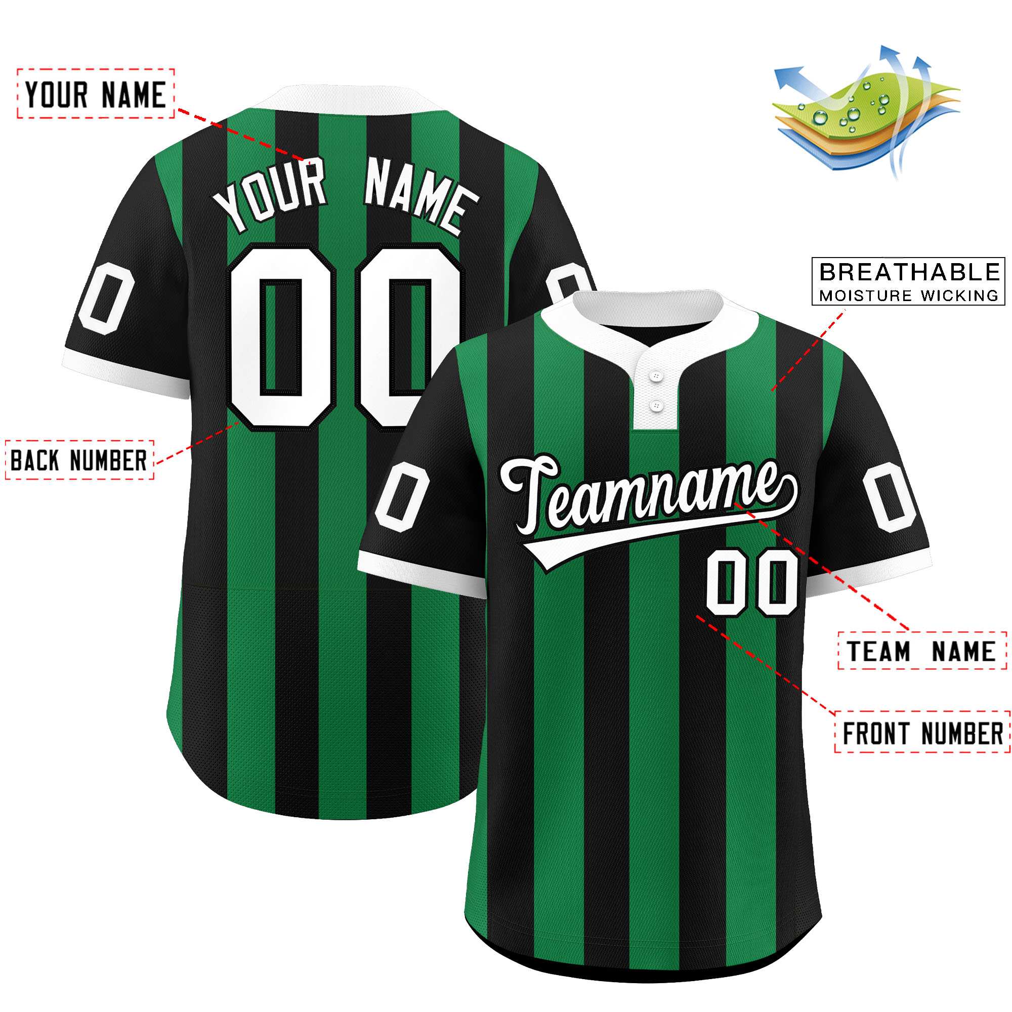 Custom Black Kelly Green Stripe Fashion Authentic Two-Button Baseball Jersey| KXKSHOP