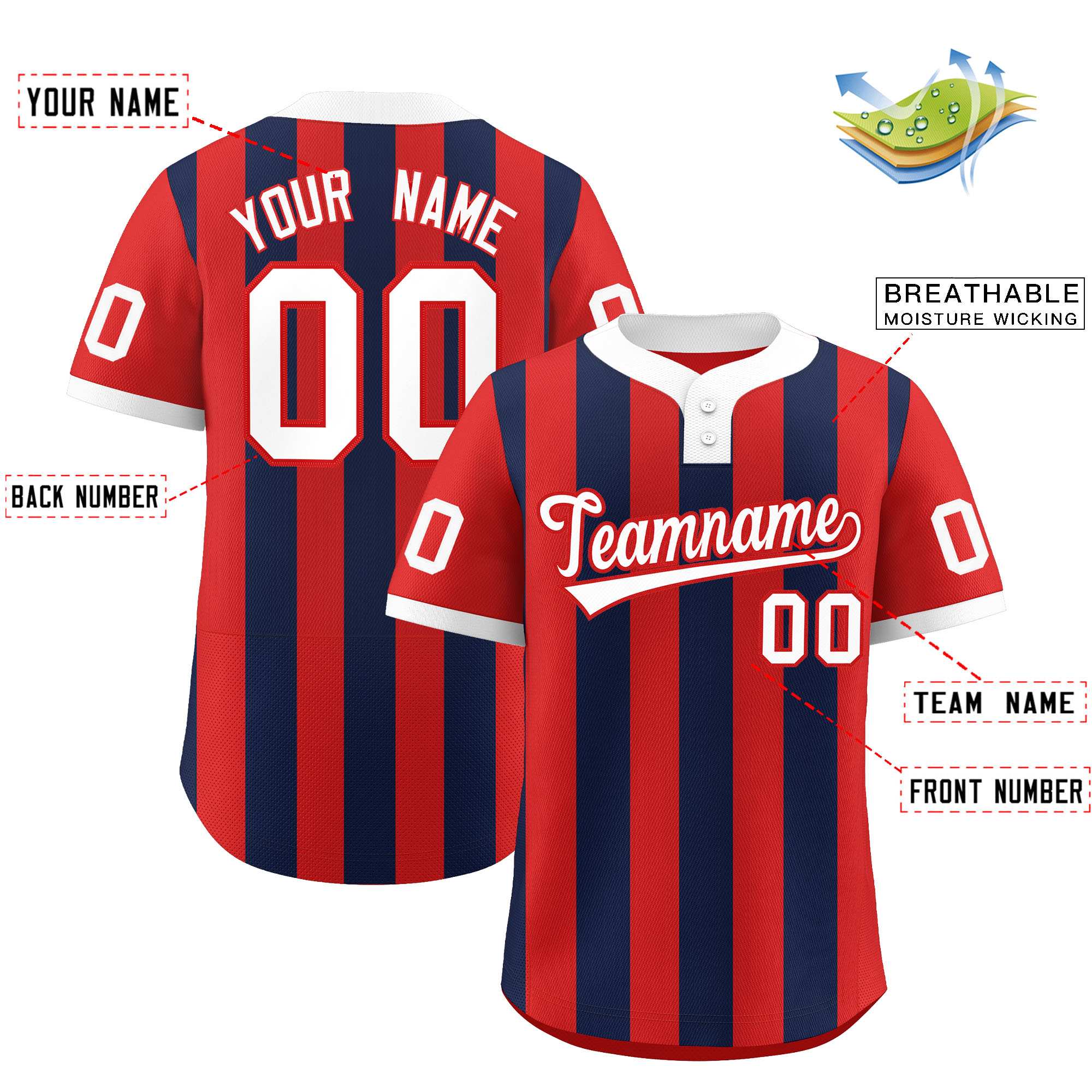 Custom Red Navy Stripe Fashion Authentic Two-Button Baseball Jersey| KXKSHOP