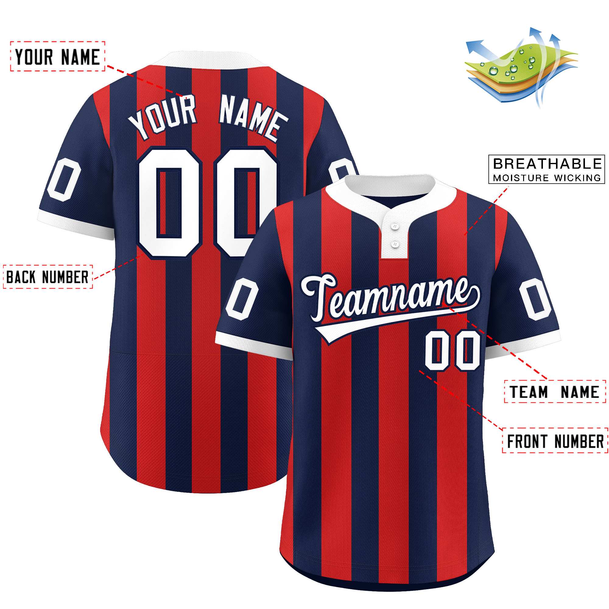 Custom Navy Red Stripe Fashion Authentic Two-Button Baseball Jersey| KXKSHOP
