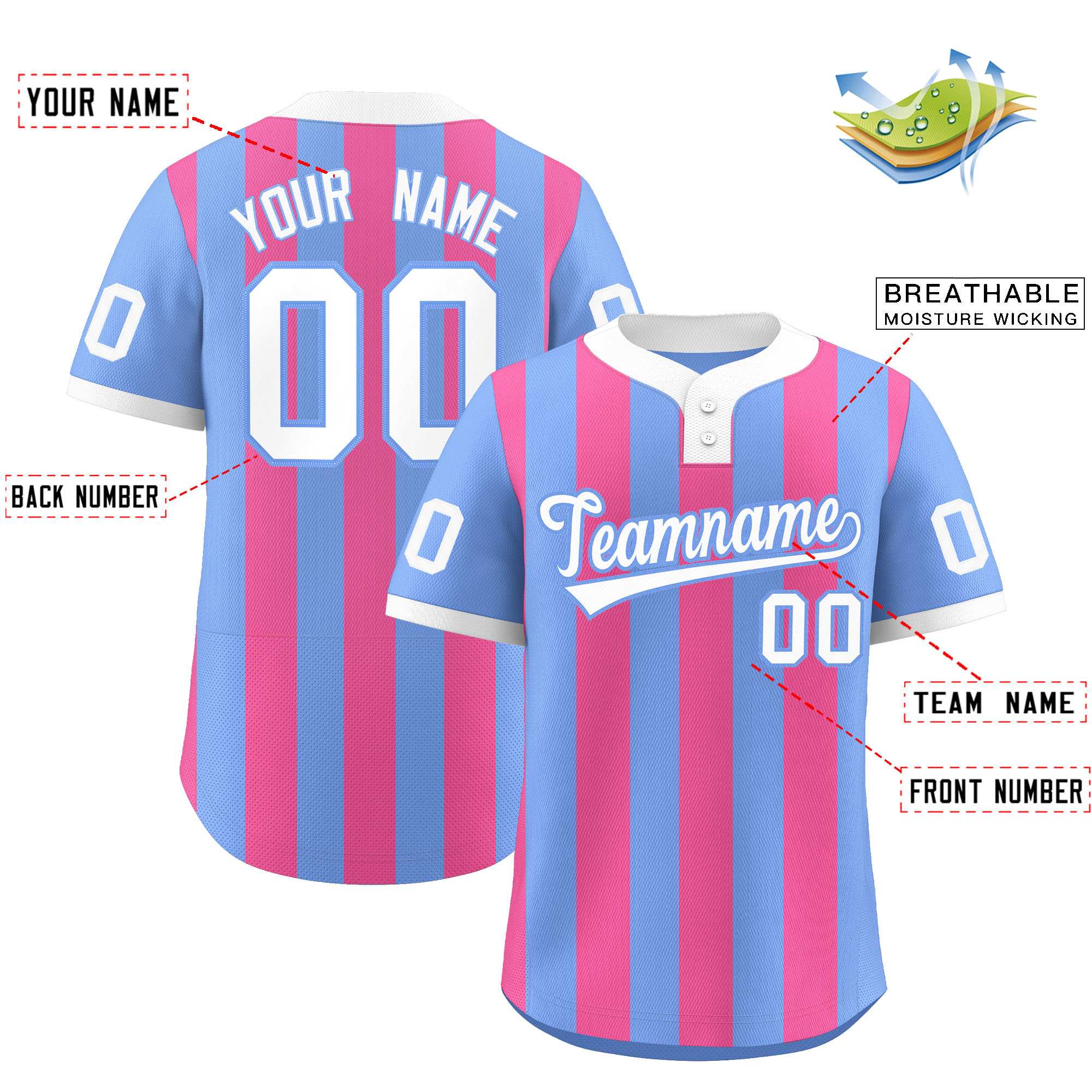 Custom Light Blue Pink Stripe Fashion Authentic Two-Button Baseball Jersey| KXKSHOP