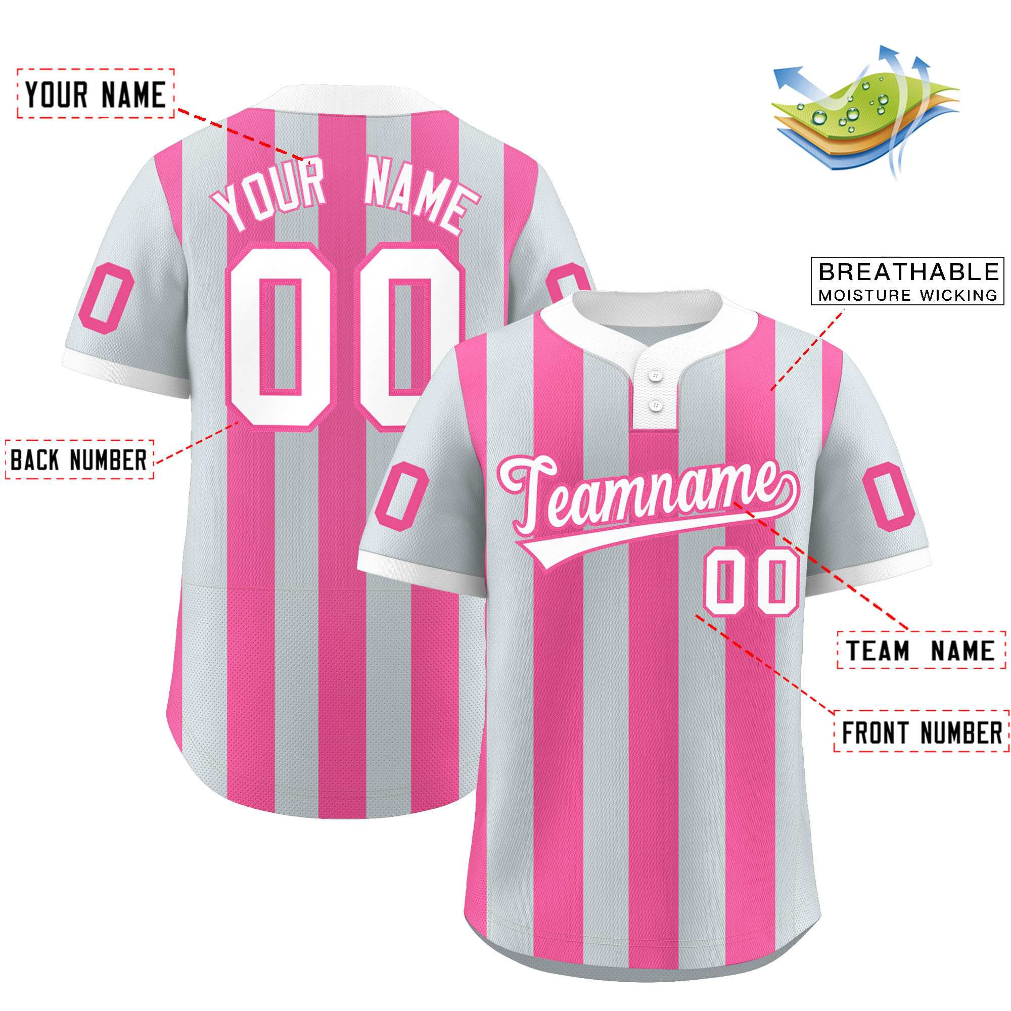 Custom Silver Pink Stripe Fashion Authentic Two-Button Baseball Jersey| KXKSHOP