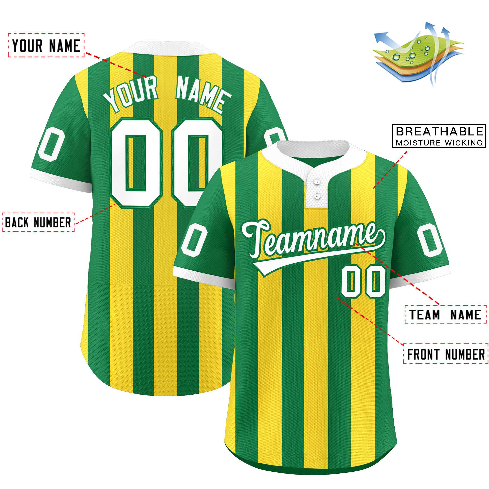 Custom Kelly Green Gold Stripe Fashion Authentic Two-Button Baseball Jersey| KXKSHOP