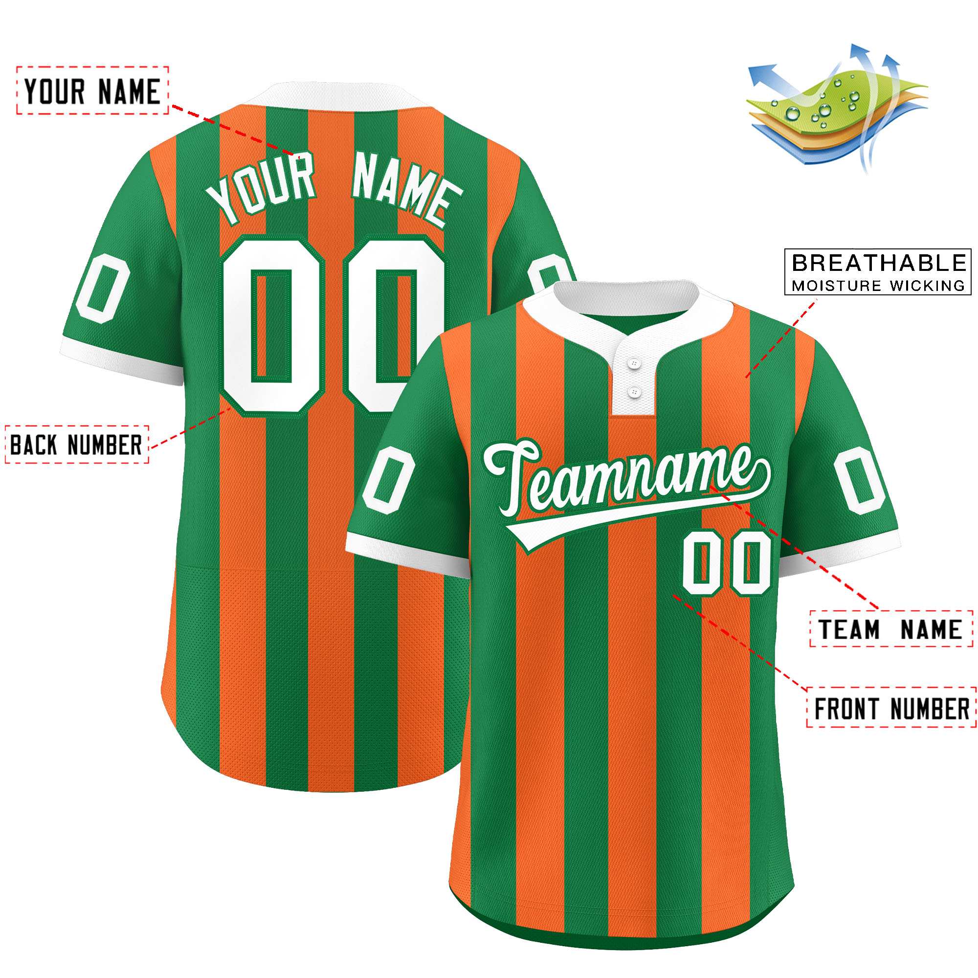 Custom Kelly Green Orange Stripe Fashion Authentic Two-Button Baseball Jersey| KXKSHOP