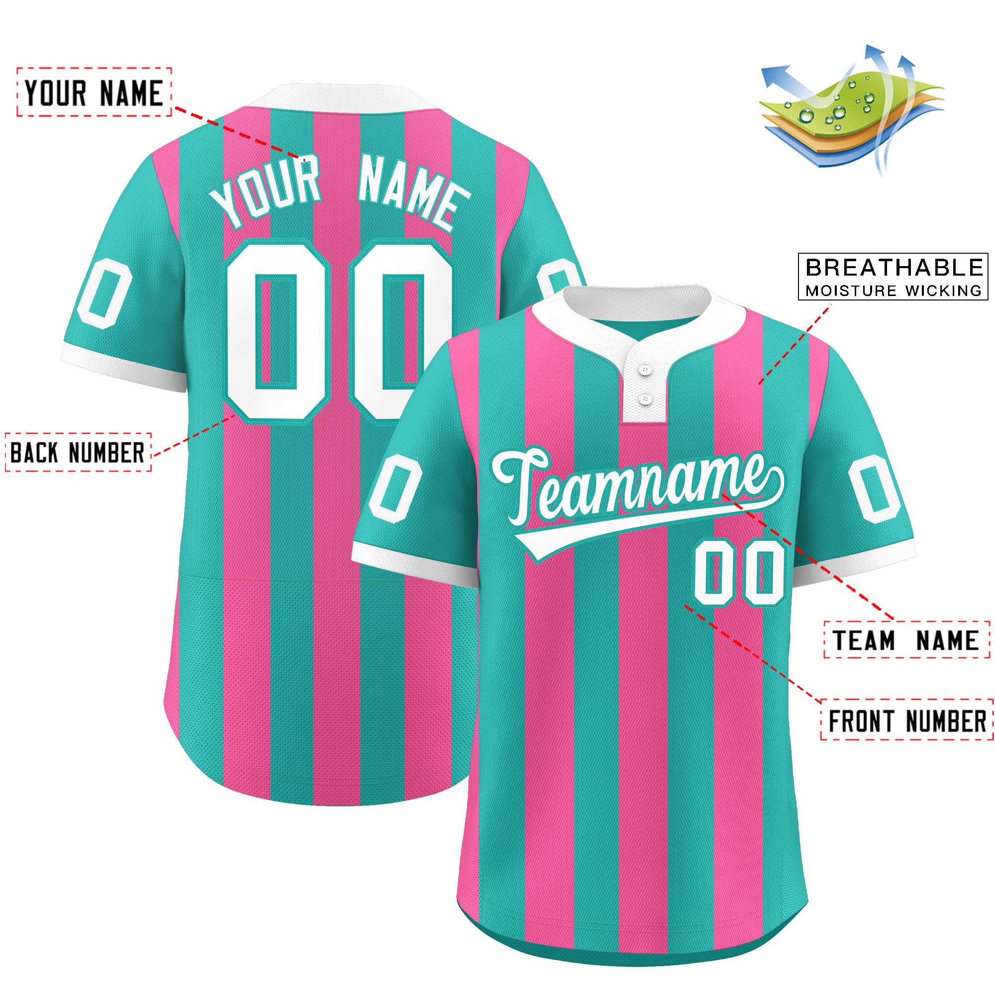 Custom Aqua Pink Stripe Fashion Authentic Two-Button Softball Jersey
