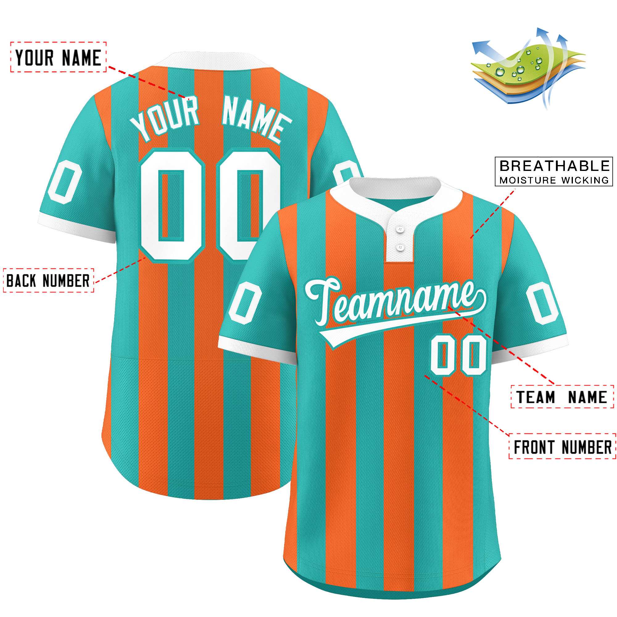 Custom Aqua Orange Stripe Fashion Authentic Two-Button Baseball Jersey| KXKSHOP