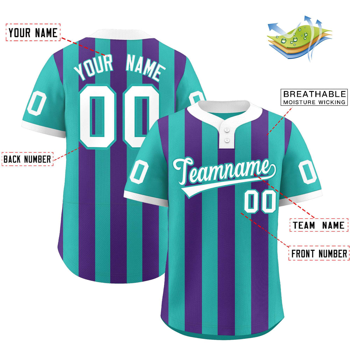 Custom Aqua Purple Stripe Fashion Authentic Two-Button Softball Jersey