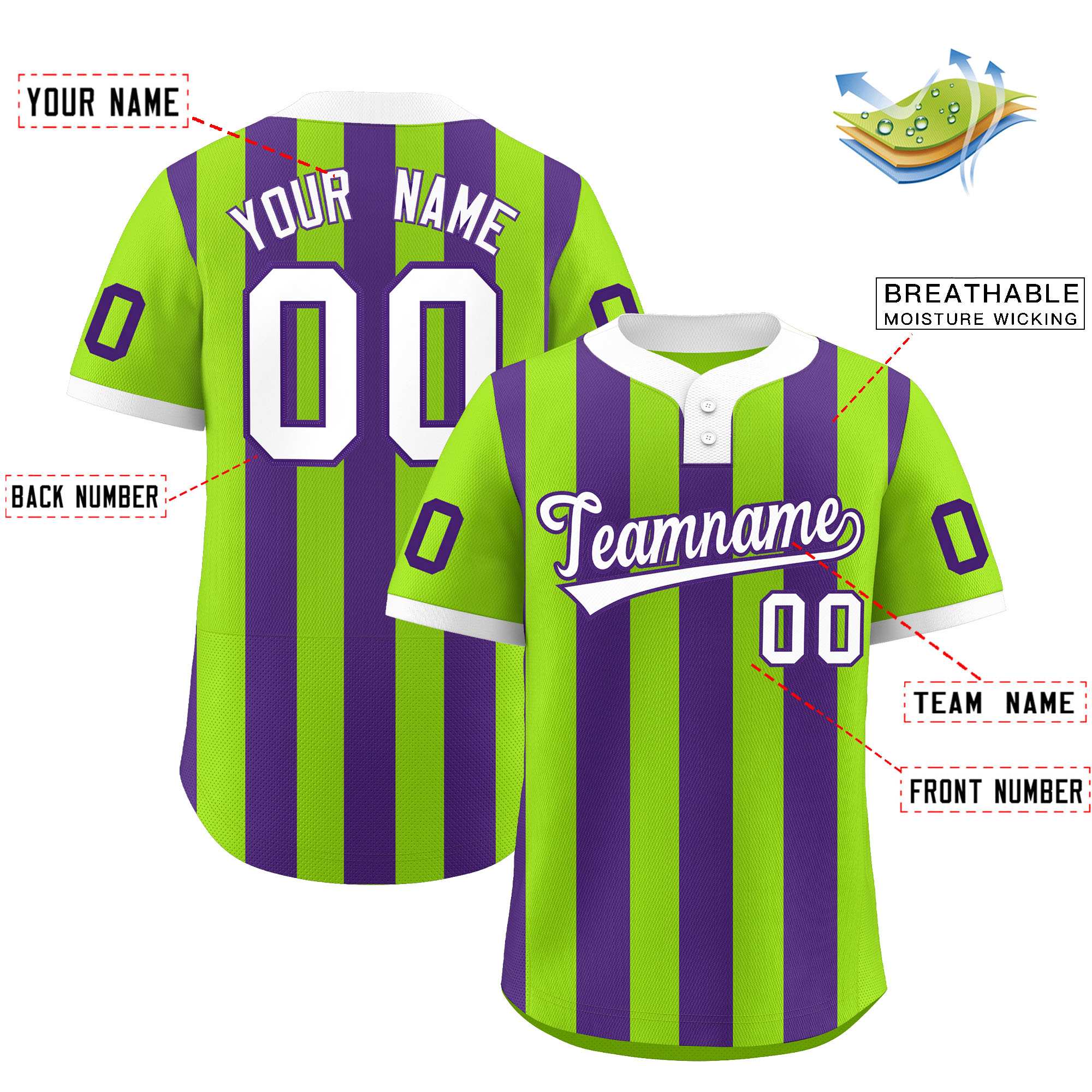 Custom Neon Green Purple Stripe Fashion Authentic Two-Button Baseball Jersey| KXKSHOP