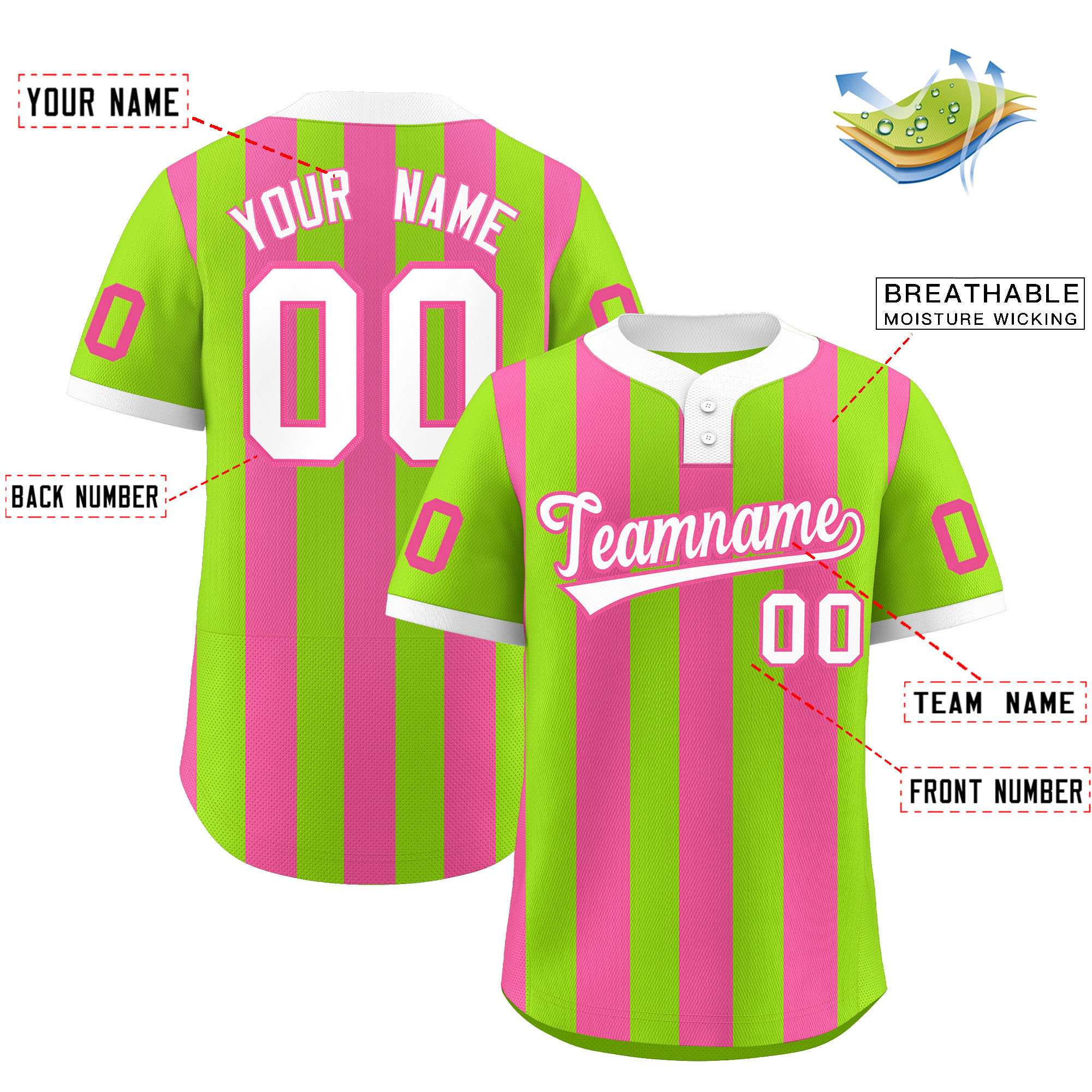 Custom Neon Green Pink Stripe Fashion Authentic Two-Button Baseball Jersey| KXKSHOP