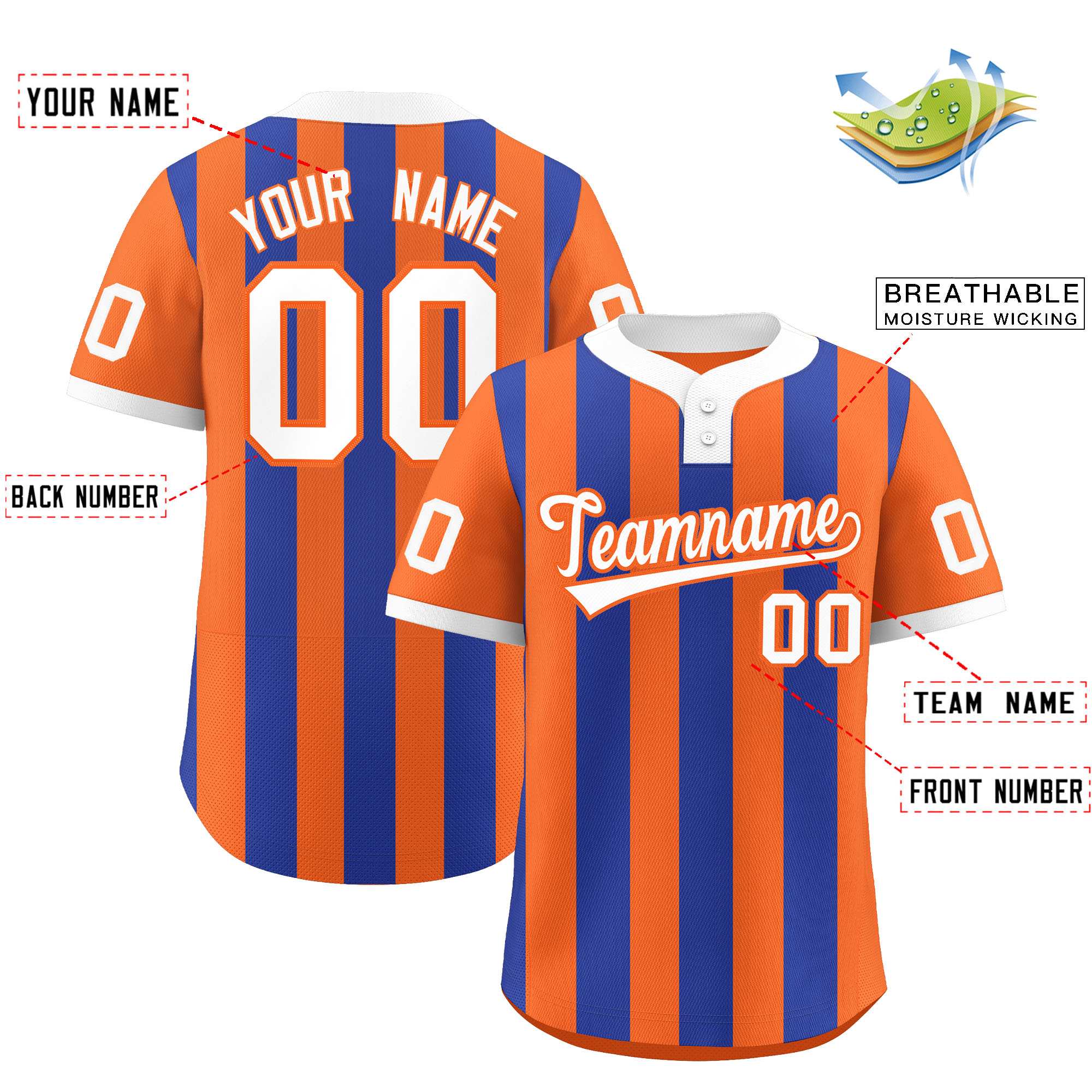 Custom Orange Royal Stripe Fashion Authentic Two-Button Baseball Jersey| KXKSHOP