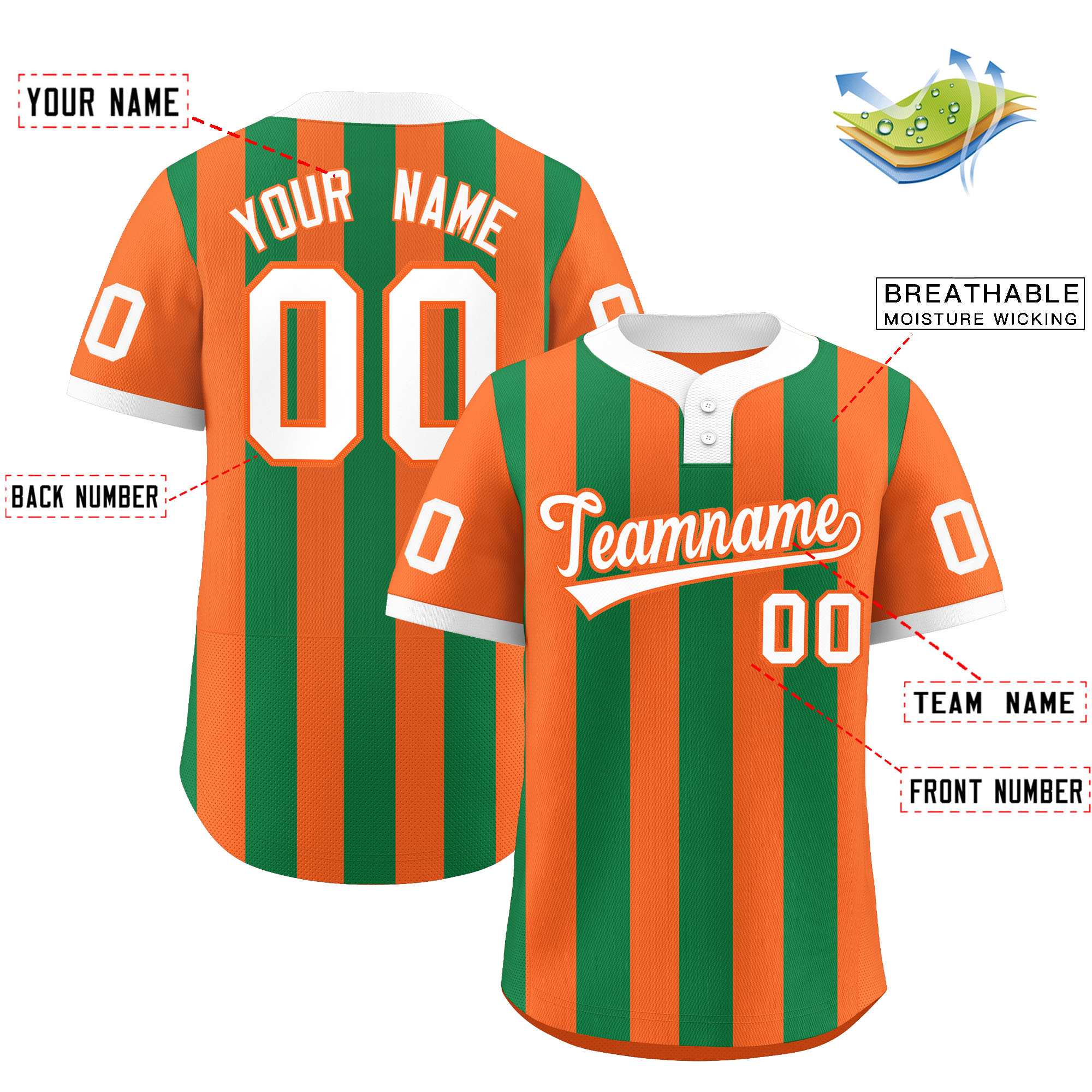 Custom Orange Kelly Green Stripe Fashion Authentic Two-Button Baseball Jersey| KXKSHOP