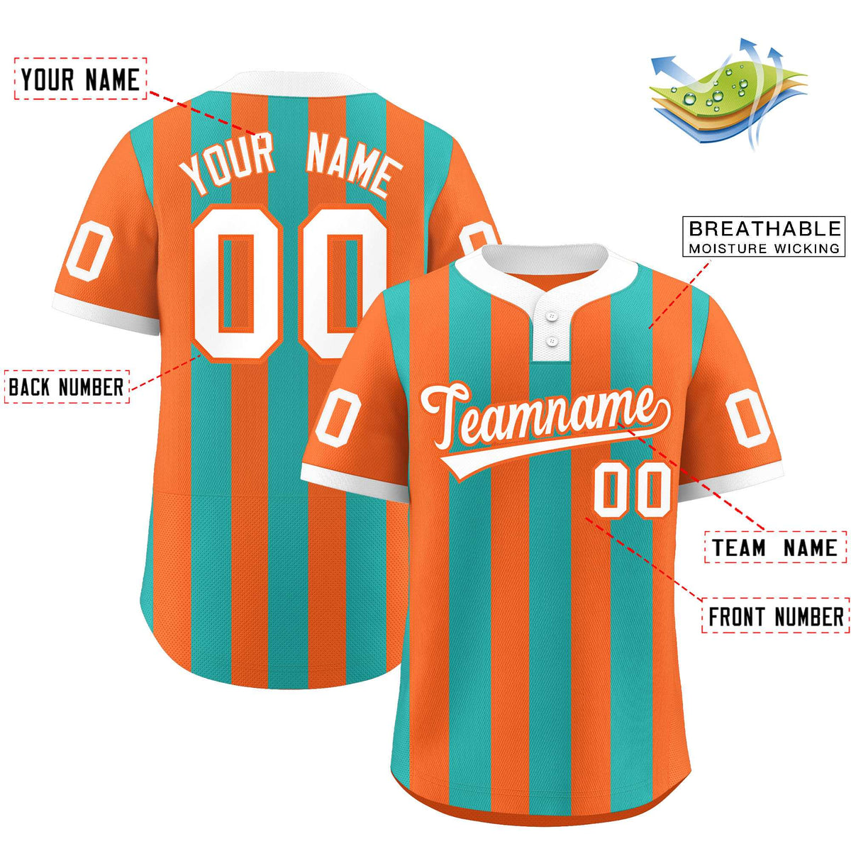 Custom Orange Aqua Stripe Fashion Authentic Two-Button Softball Jersey