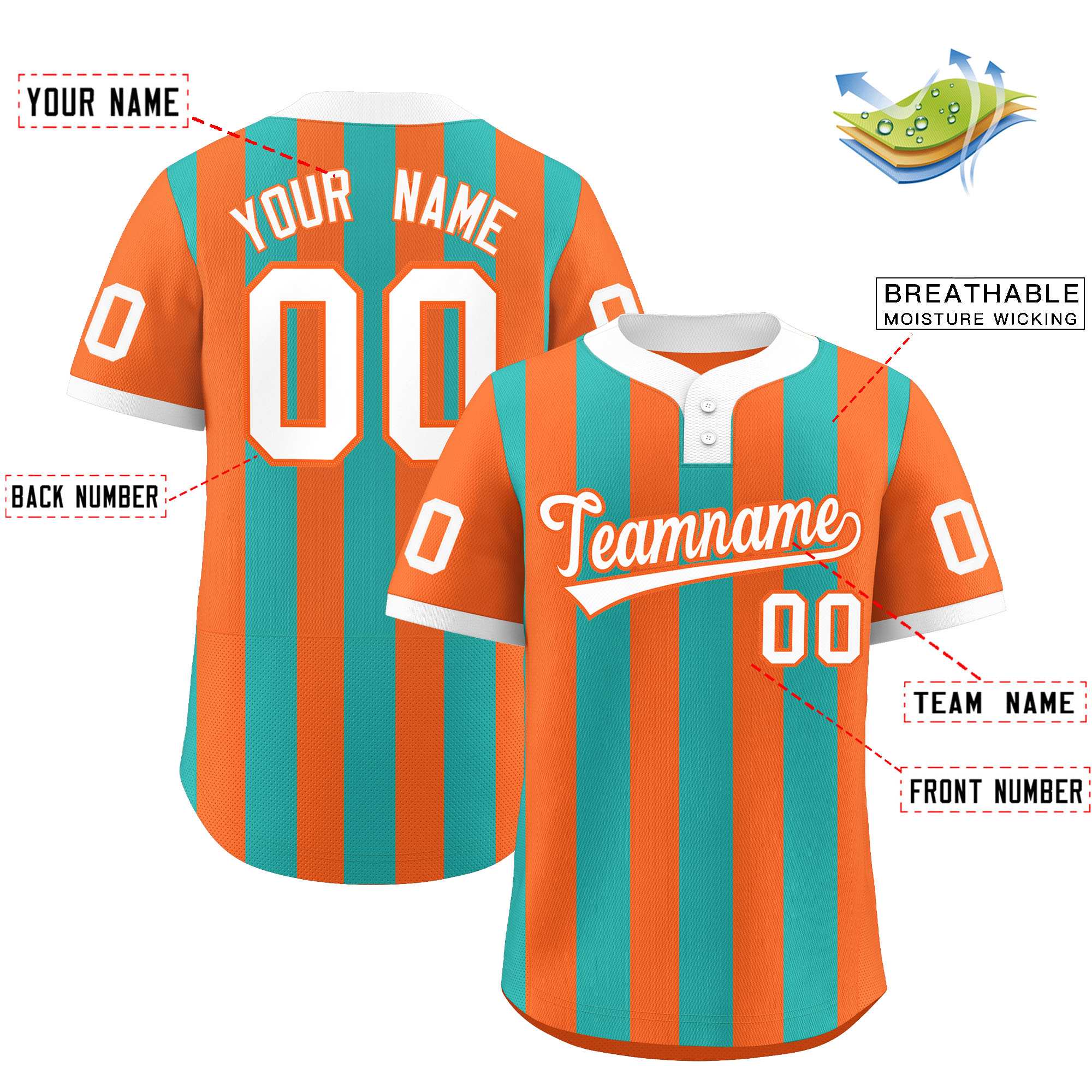 Custom Orange Aqua Stripe Fashion Authentic Two-Button Baseball Jersey| KXKSHOP