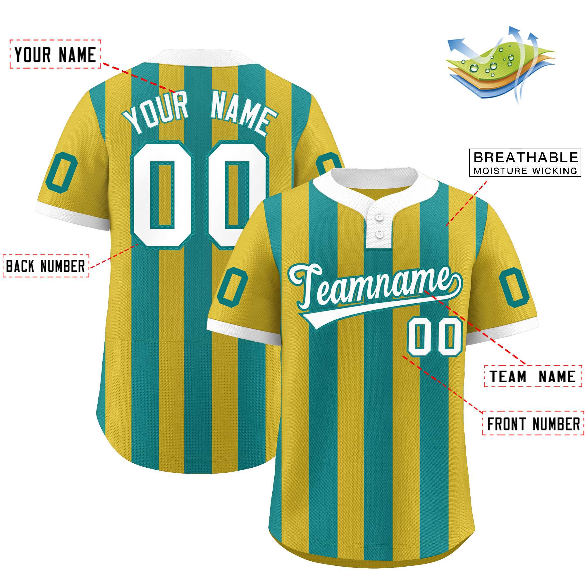 Custom Old Gold Aqua Stripe Fashion Authentic Two-Button Softball Jersey