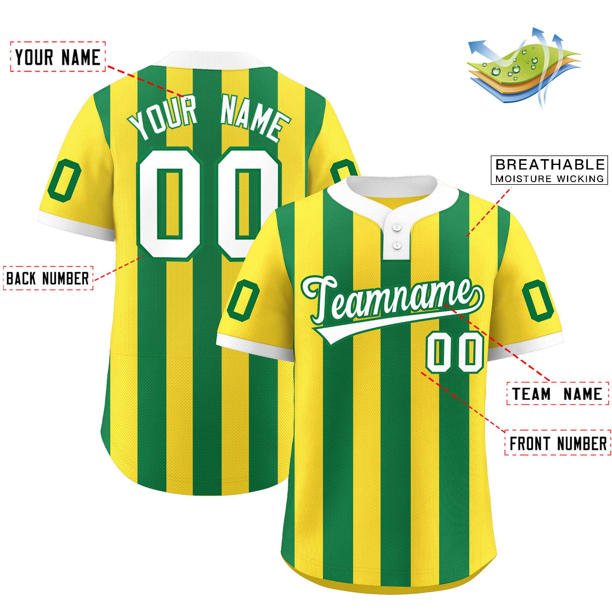 Custom Gold Kelly Green Stripe Fashion Authentic Two-Button Baseball Jersey| KXKSHOP