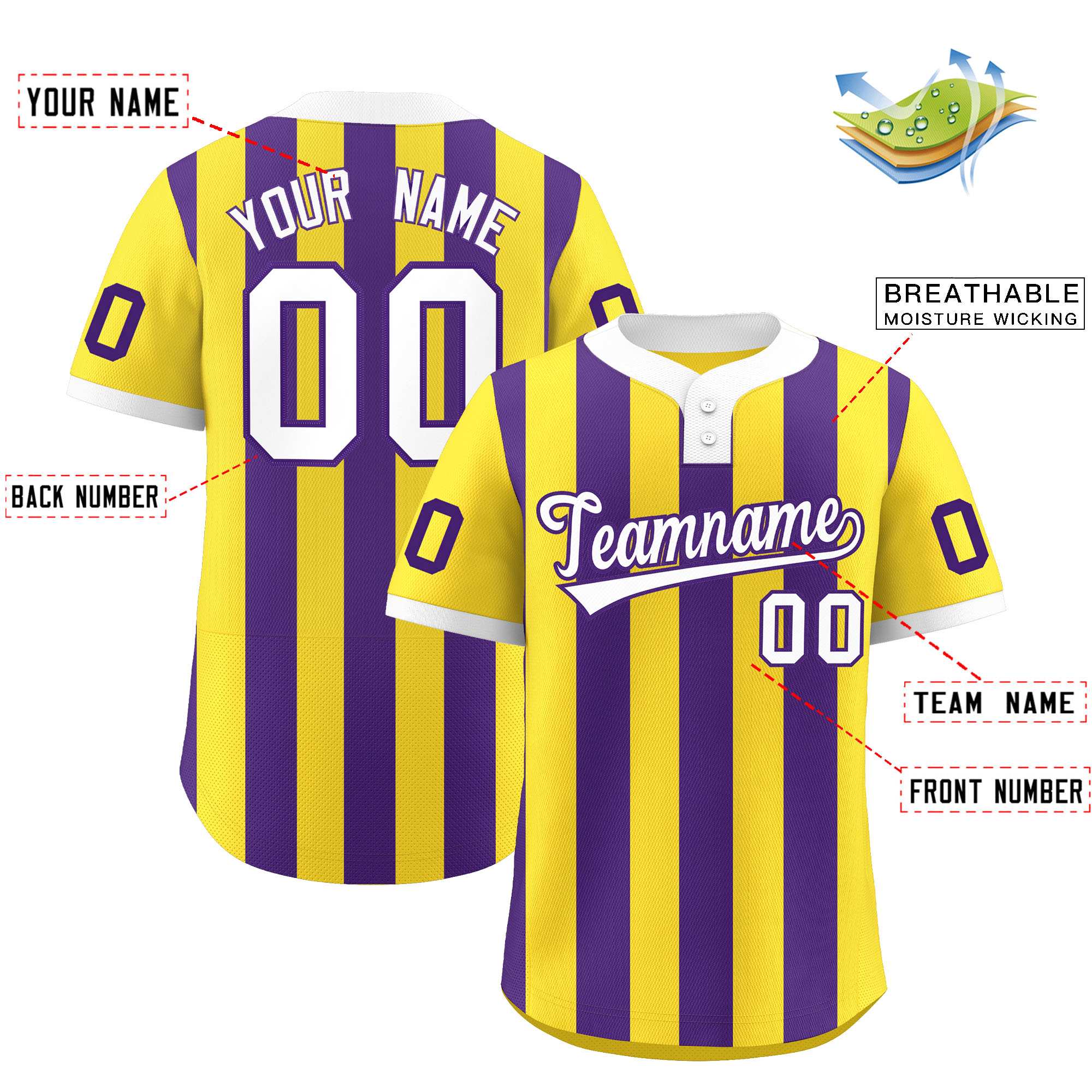 Custom Gold Purple Stripe Fashion Authentic Two-Button Baseball Jersey| KXKSHOP