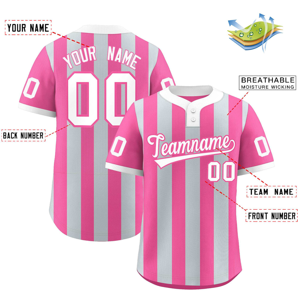 Custom Silver Pink Stripe Fashion Authentic Two-Button Softball Jersey