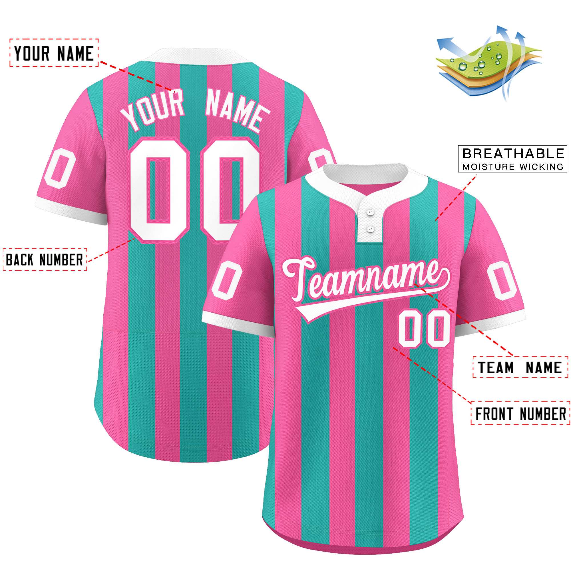 Custom Pink Aqua Stripe Fashion Authentic Two-Button Baseball Jersey| KXKSHOP