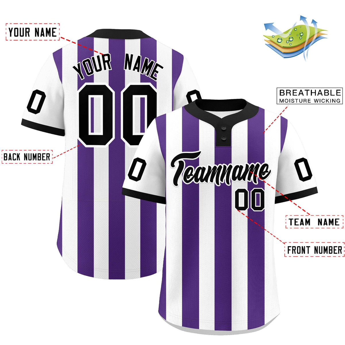Custom White Purple Stripe Fashion Authentic Two-Button Softball Jersey